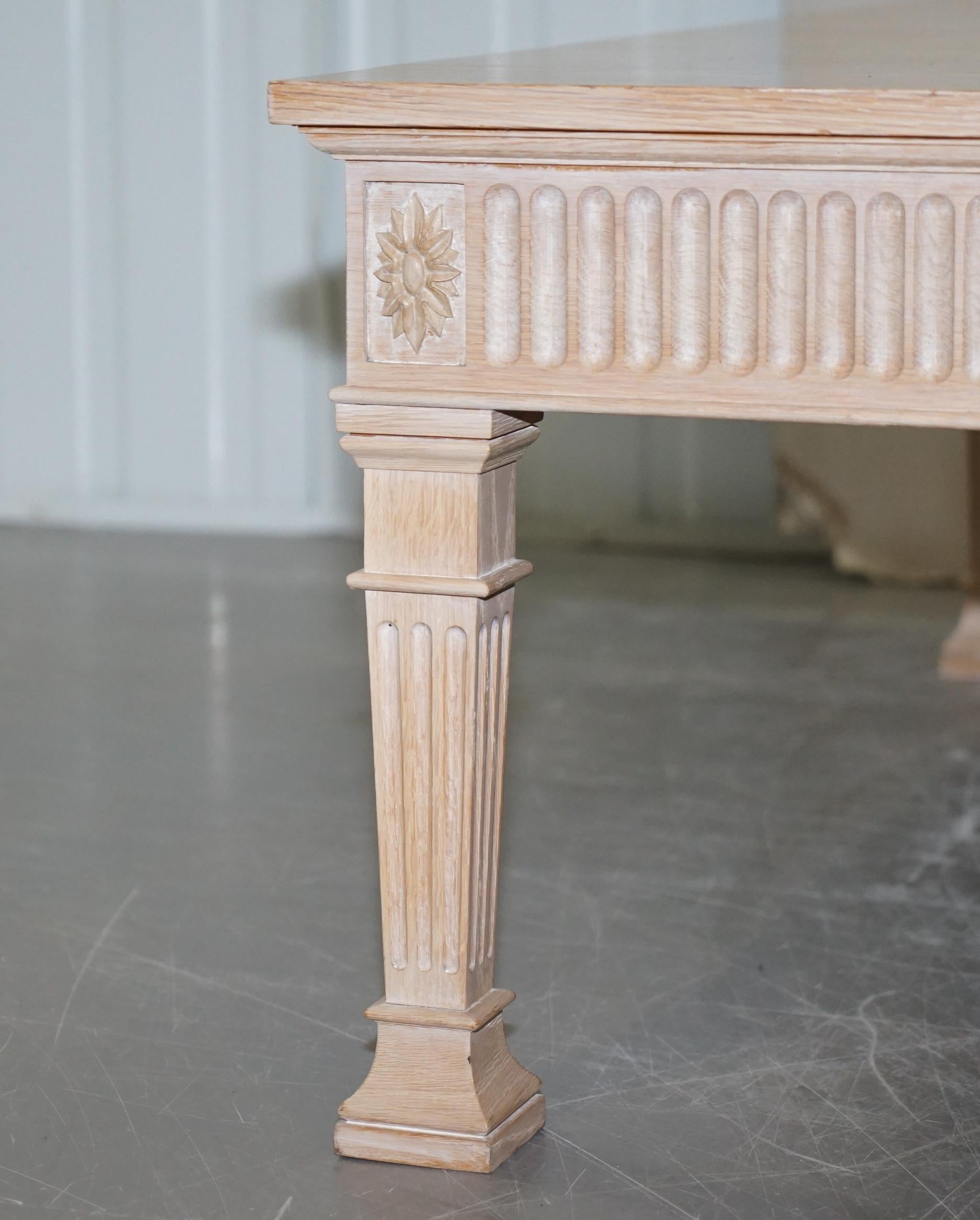Hand-Crafted Very Large Limed Oak Coffee of Cocktail Table Wide Carved Pillared Legs For Sale