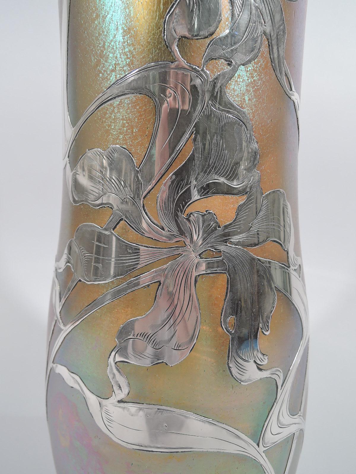 Czech Very Large Loetz Art Nouveau Iridescent Glass and Silver Overlay Vase