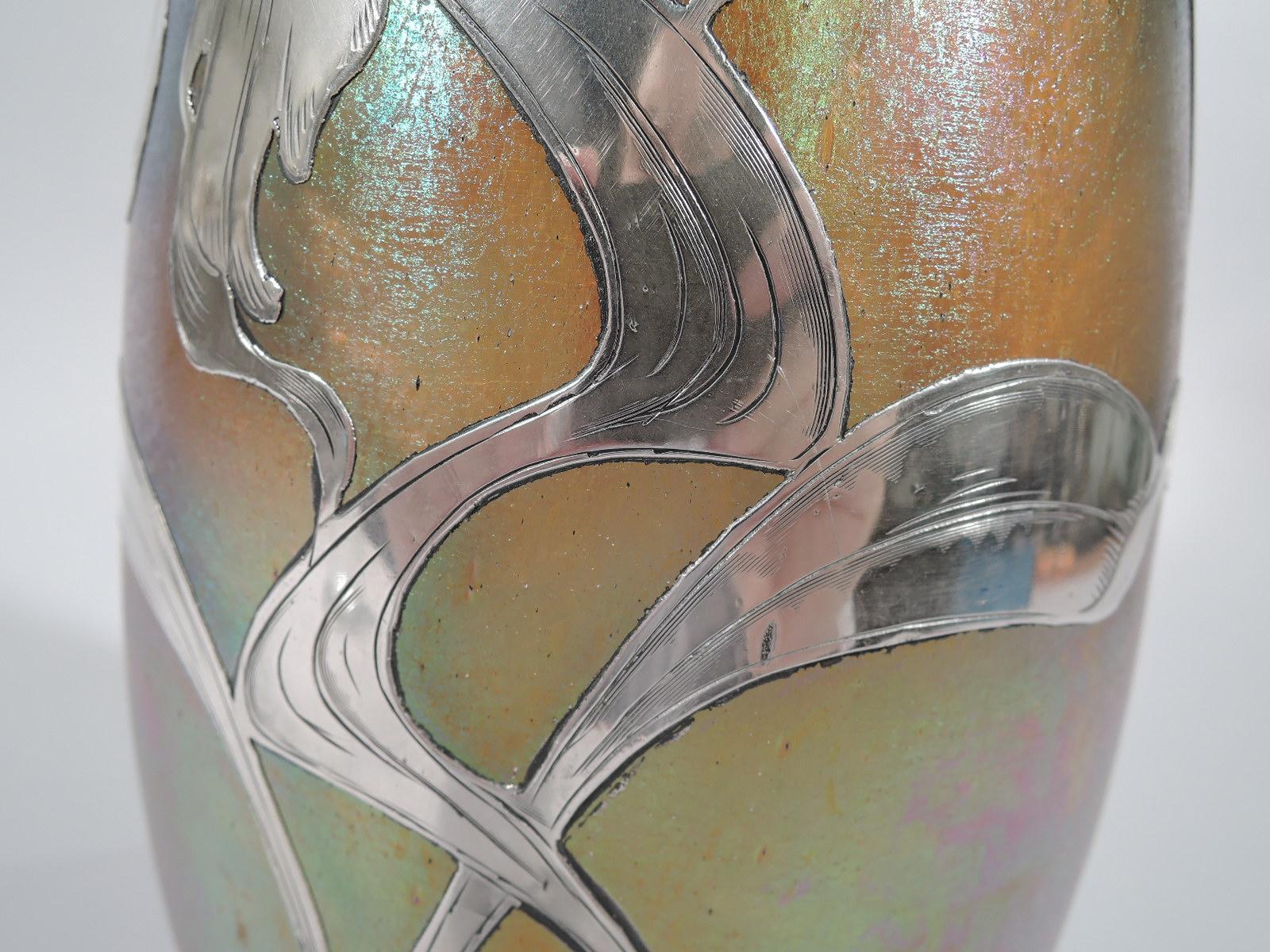Very Large Loetz Art Nouveau Iridescent Glass and Silver Overlay Vase 2