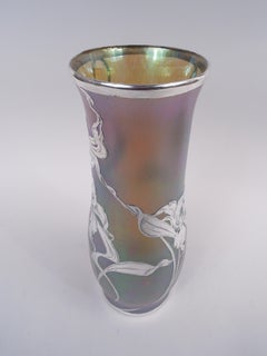 Very Large Loetz Art Nouveau Iridescent Vase with Silver Overlay