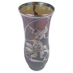 Very Large Loetz Art Nouveau Iridescent Vase with Silver Overlay