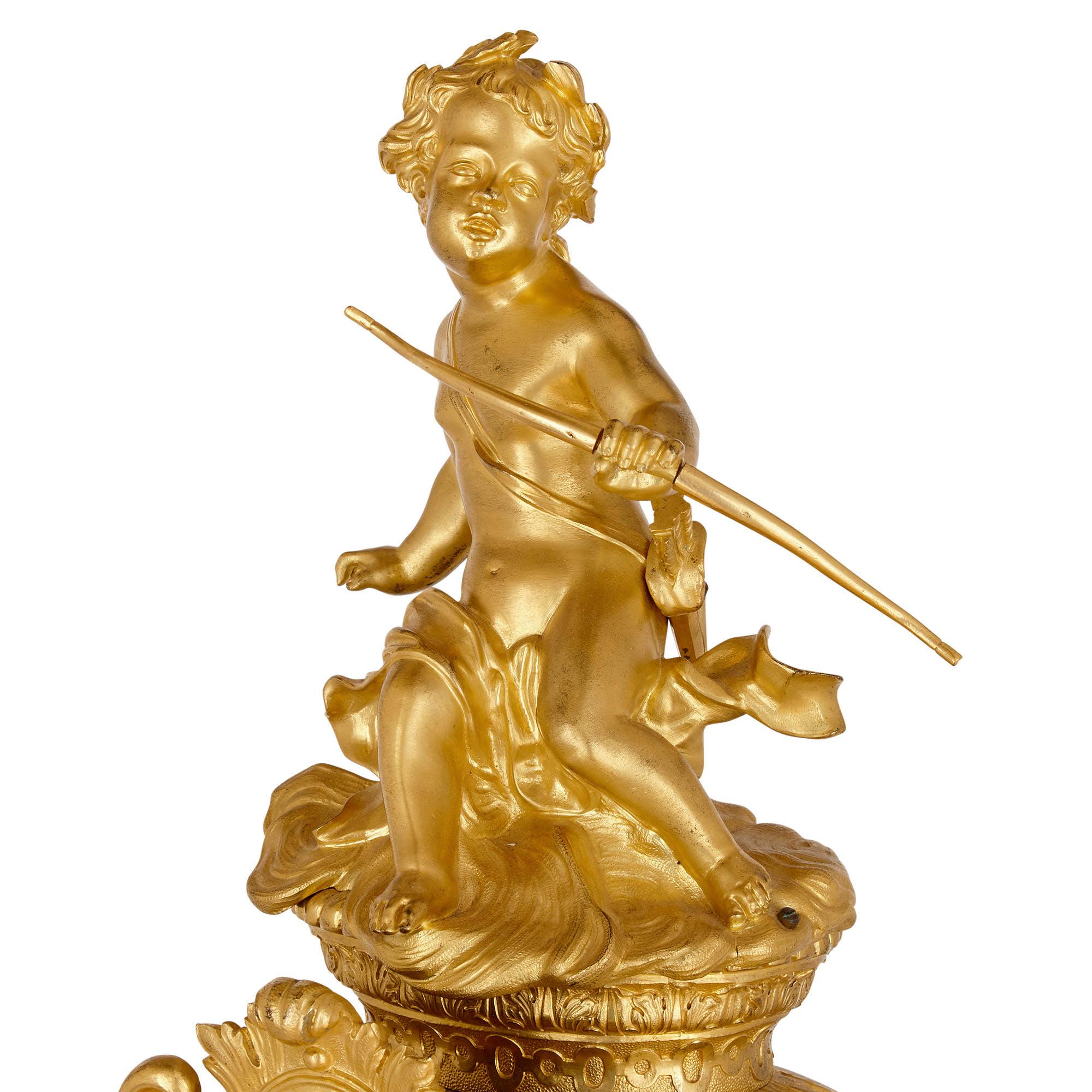 Doré Très grande horloge de cheminée de style Louis XV en bronze doré par Beurdeley en vente
