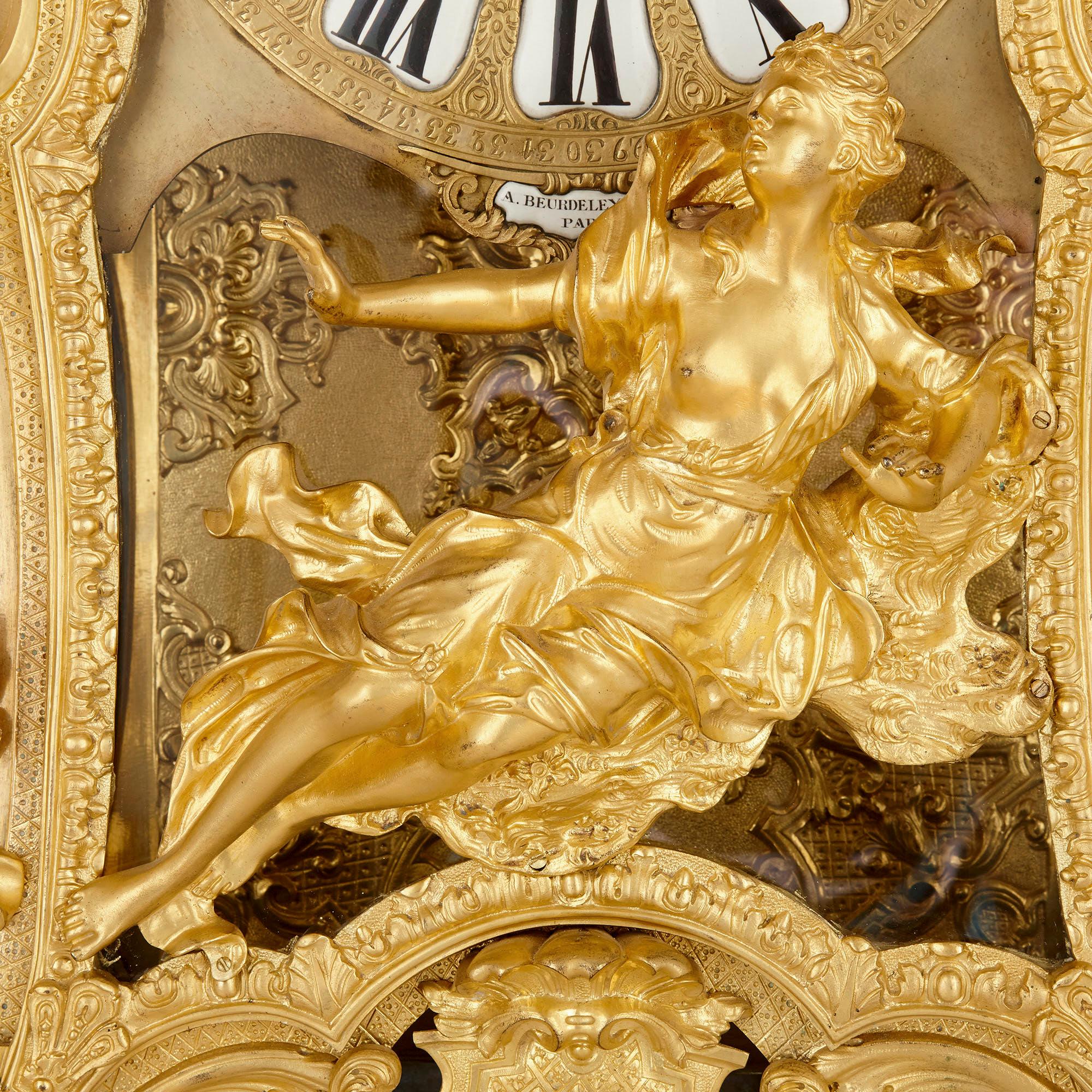 Very Large Louis XV Style Gilt Bronze Mantel Clock by Beurdeley In Good Condition For Sale In London, GB