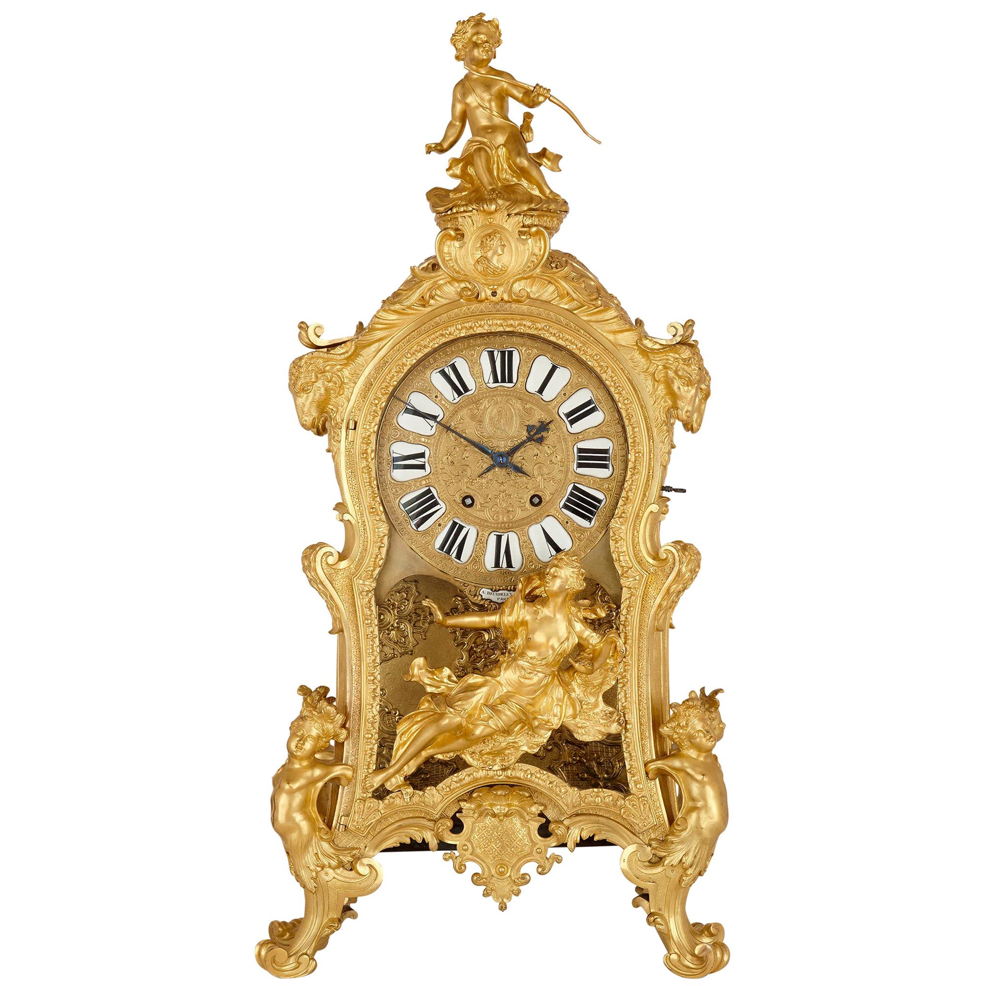 Very Large Louis XV Style Gilt Bronze Mantel Clock by Beurdeley