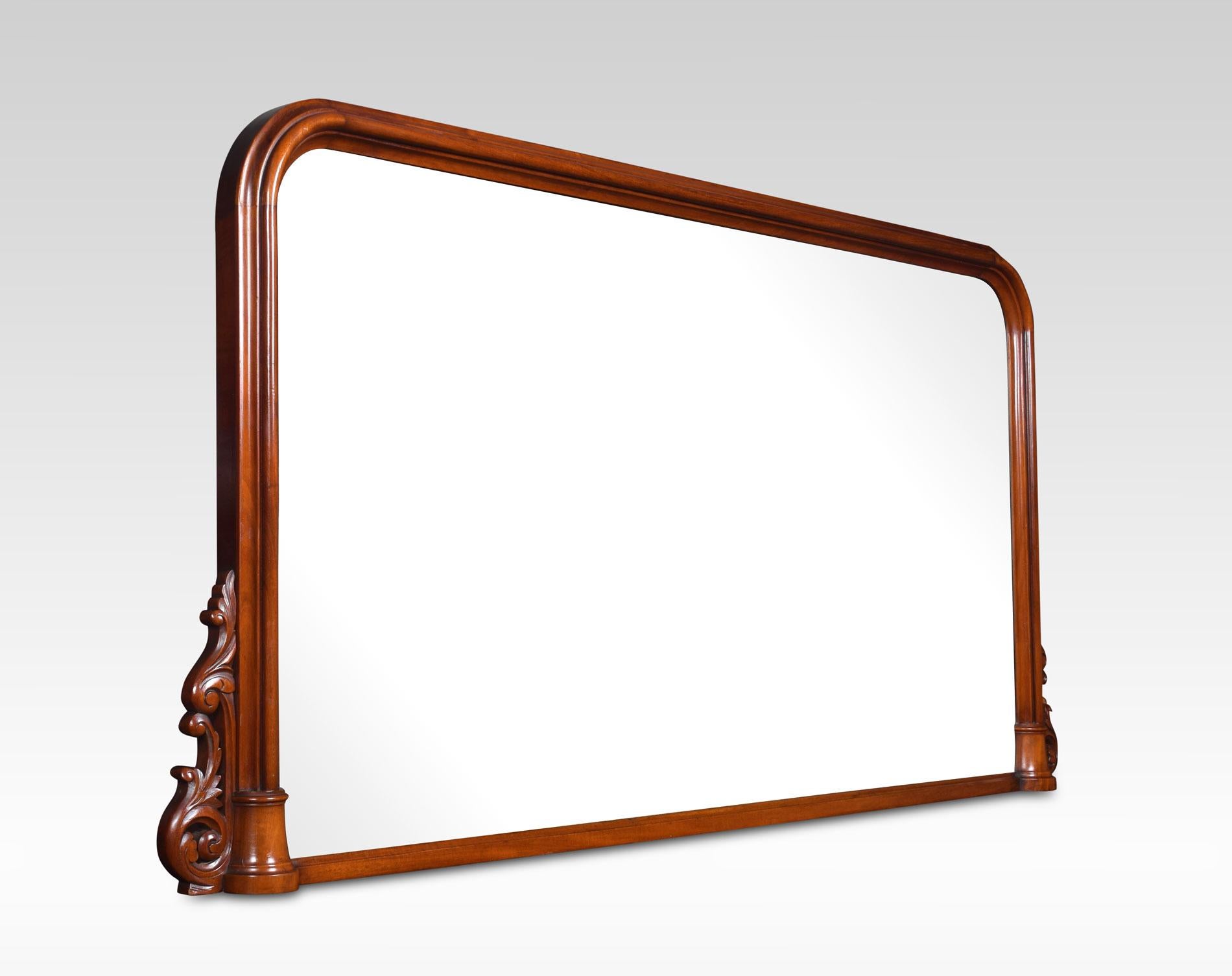 Victorian mahogany framed overmantle wall mirror, the shaped frame with carved scrolling ends surrounding the original mirror plate.
Dimensions:
Height 35.5 inches
Length 77 inches
width 4 inches.