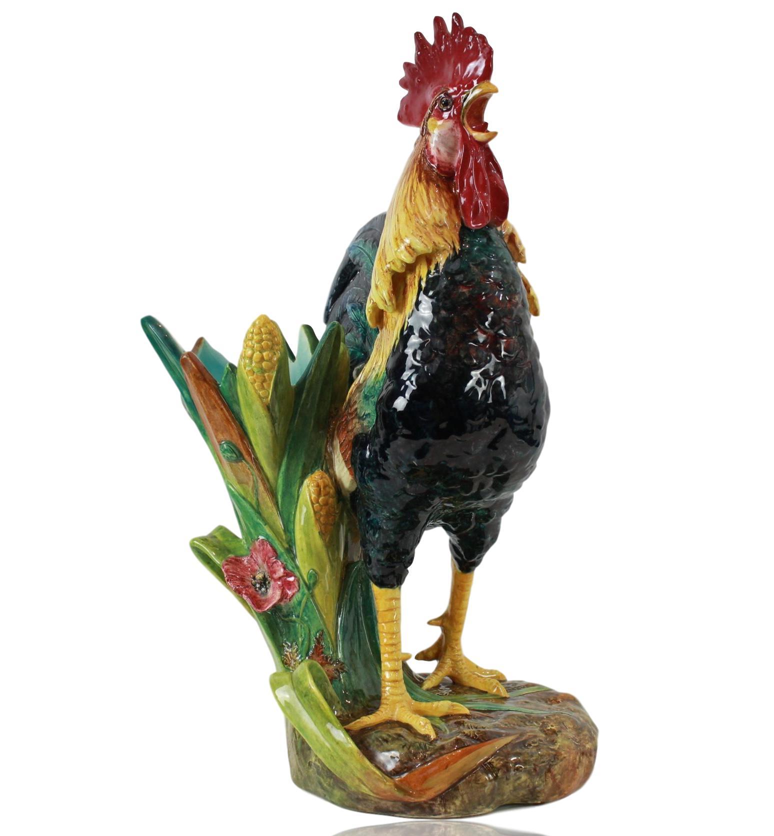 Very Large French Majolica (Barbotine) Rooster Vase by Delphin Massier, circa 1880, 24ins-High, modeled as a life-size crowing rooster (tongue intact--often missing or restored), naturalistically and vibrantly glazed in brown, blue, black, yellow,