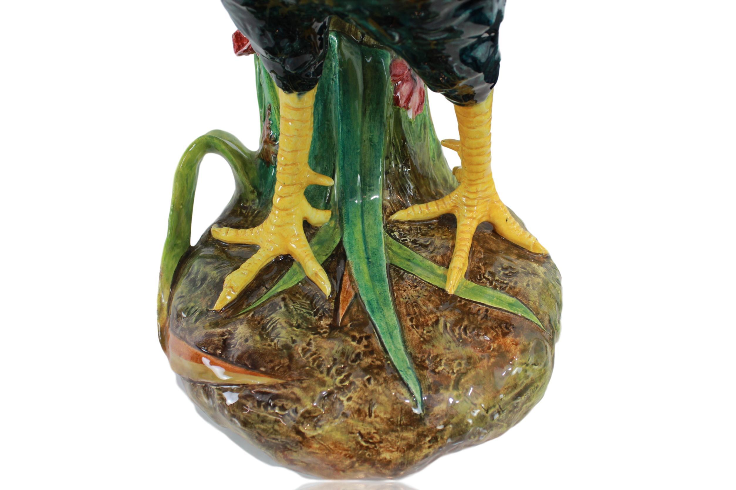 Molded Very Large Majolica Rooster Vase by Delphin Massier, French, circa 1880