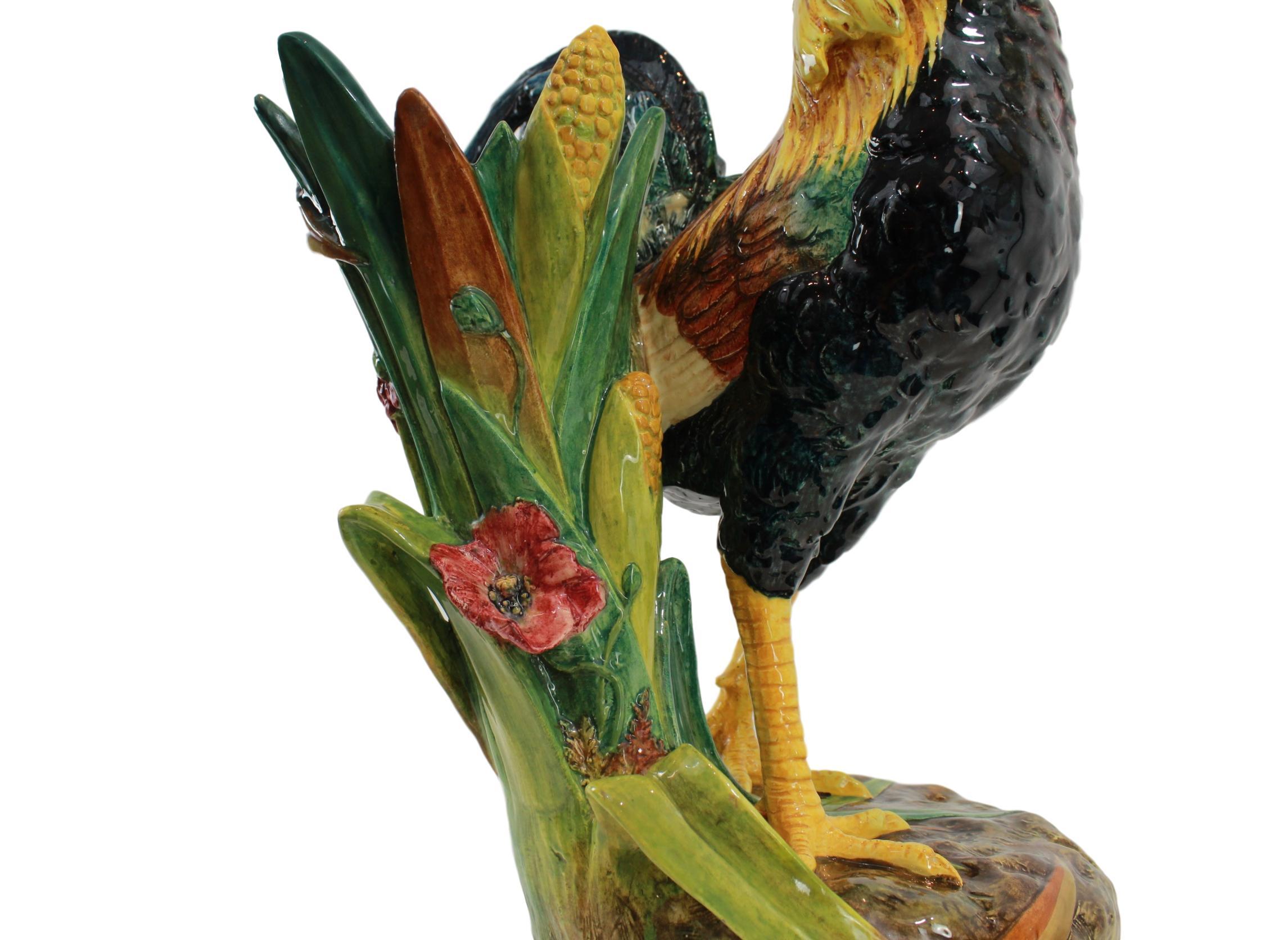 Very Large Majolica Rooster Vase by Delphin Massier, French, circa 1880 In Good Condition In Banner Elk, NC
