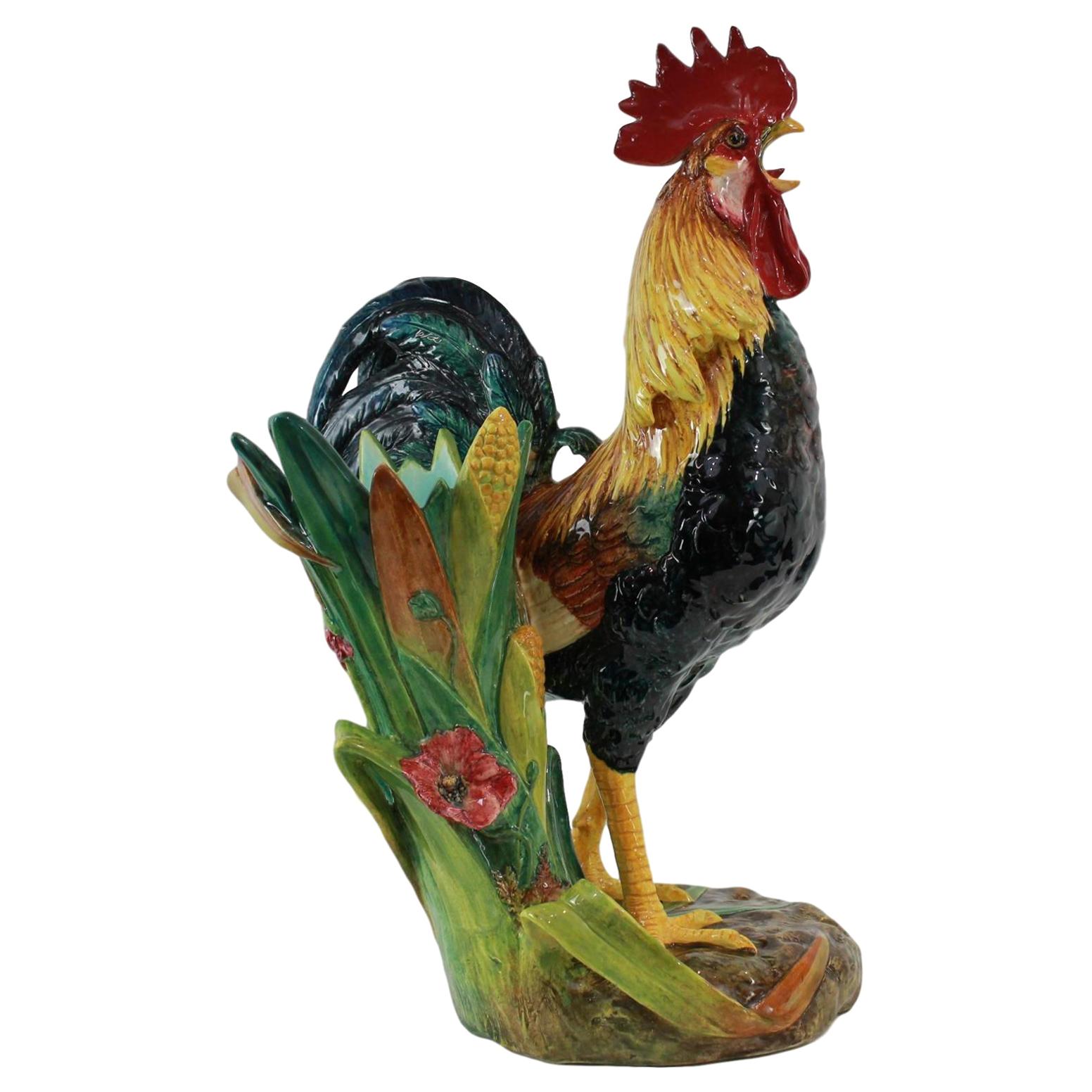 Very Large Majolica Rooster Vase by Delphin Massier, French, circa 1880