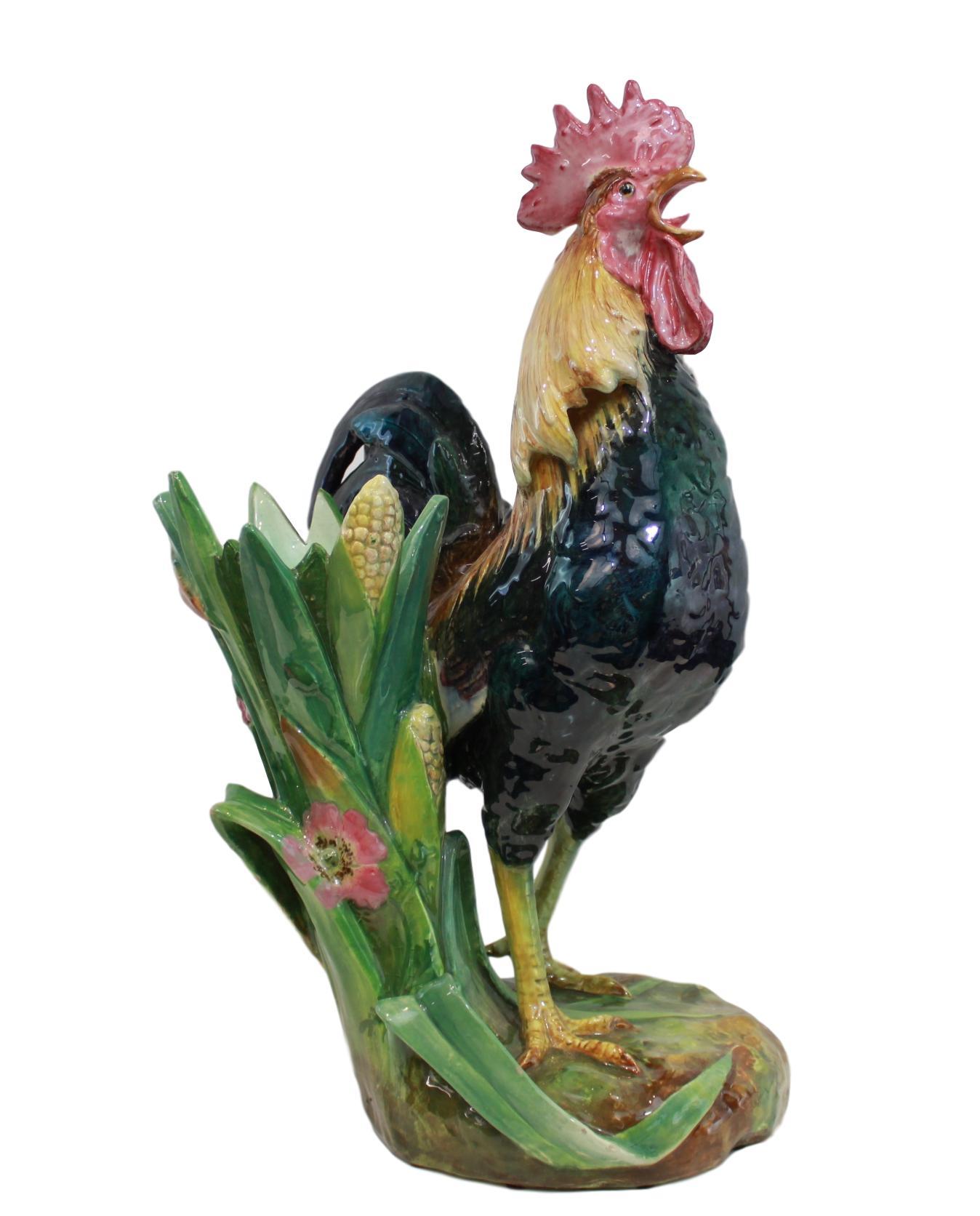 Very large French Majolica (Barbotine) rooster vase by Jerome Massier, French, circa 1880, modeled as a life-size crowing rooster (tongue intact, often missing or restored), naturalistically and vibrantly glazed in brown, blue, black, yellow, green,