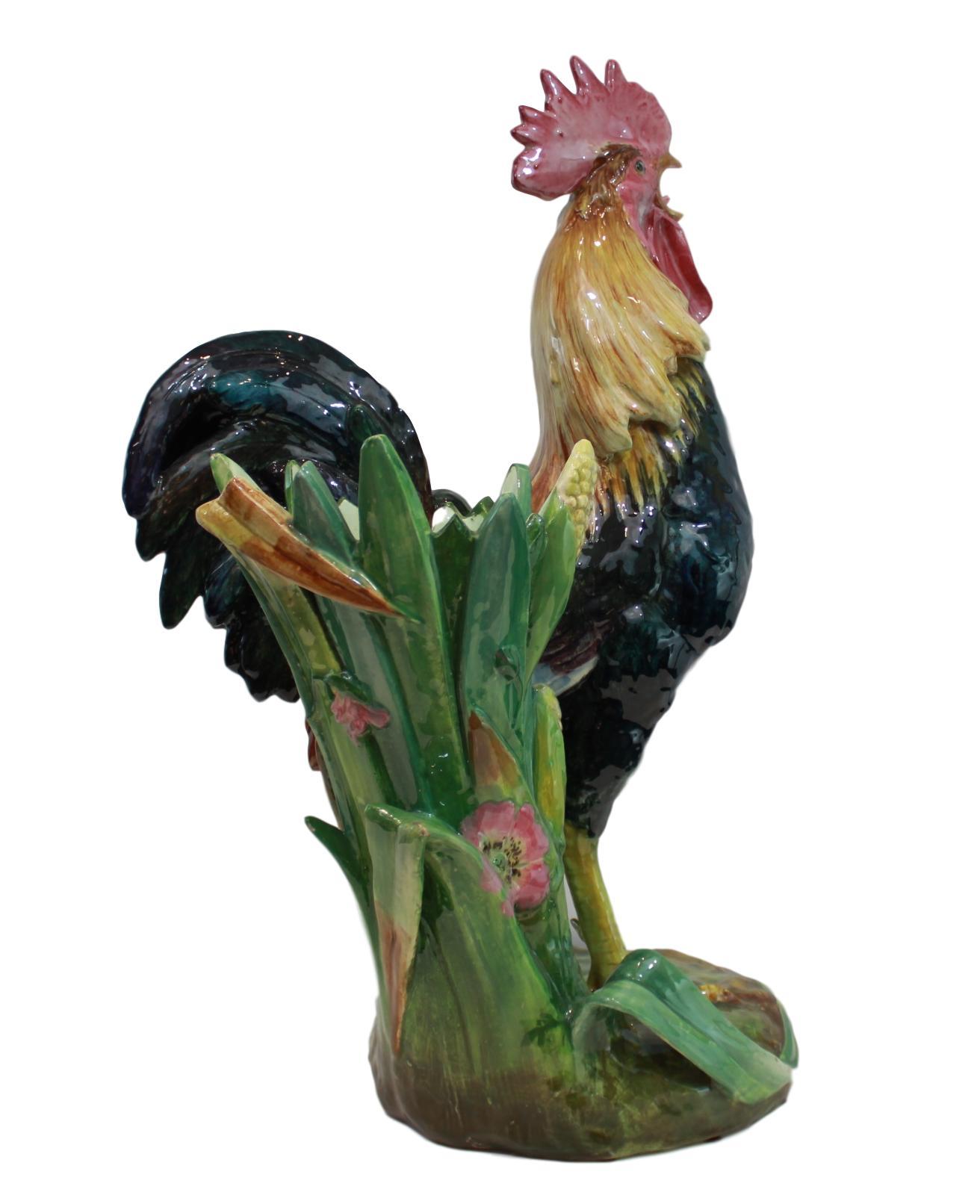 Very Large Majolica Rooster Vase by Jerome Massier, French, circa 1880 1