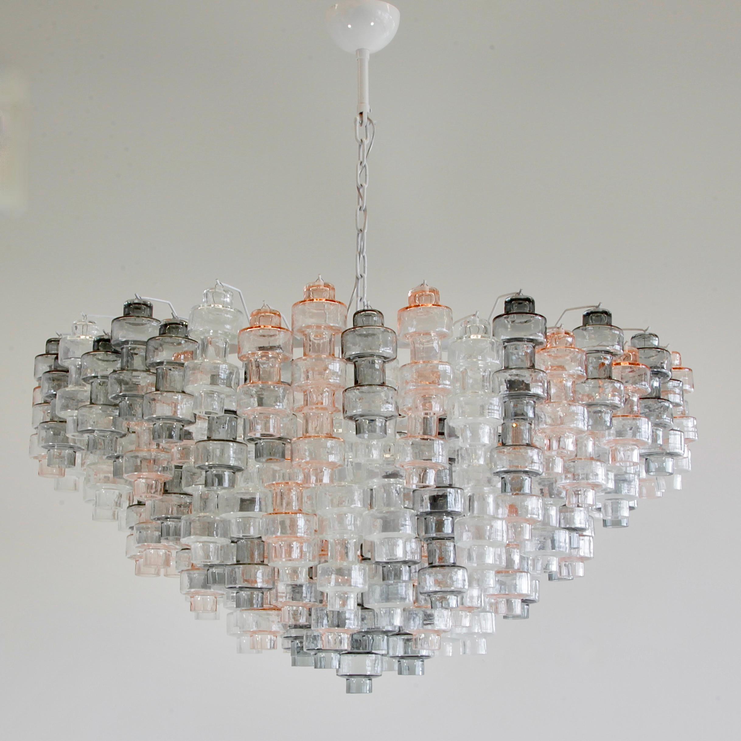 A very large Manubri (dumbbell) Chandelier. Italy, Murano. 

Chandelier with well over 150 'Manubri' shaped glass pieces in a variety of colours. Clear, light pink and smoked glass pieces are available. Each component is individually hand-blown to