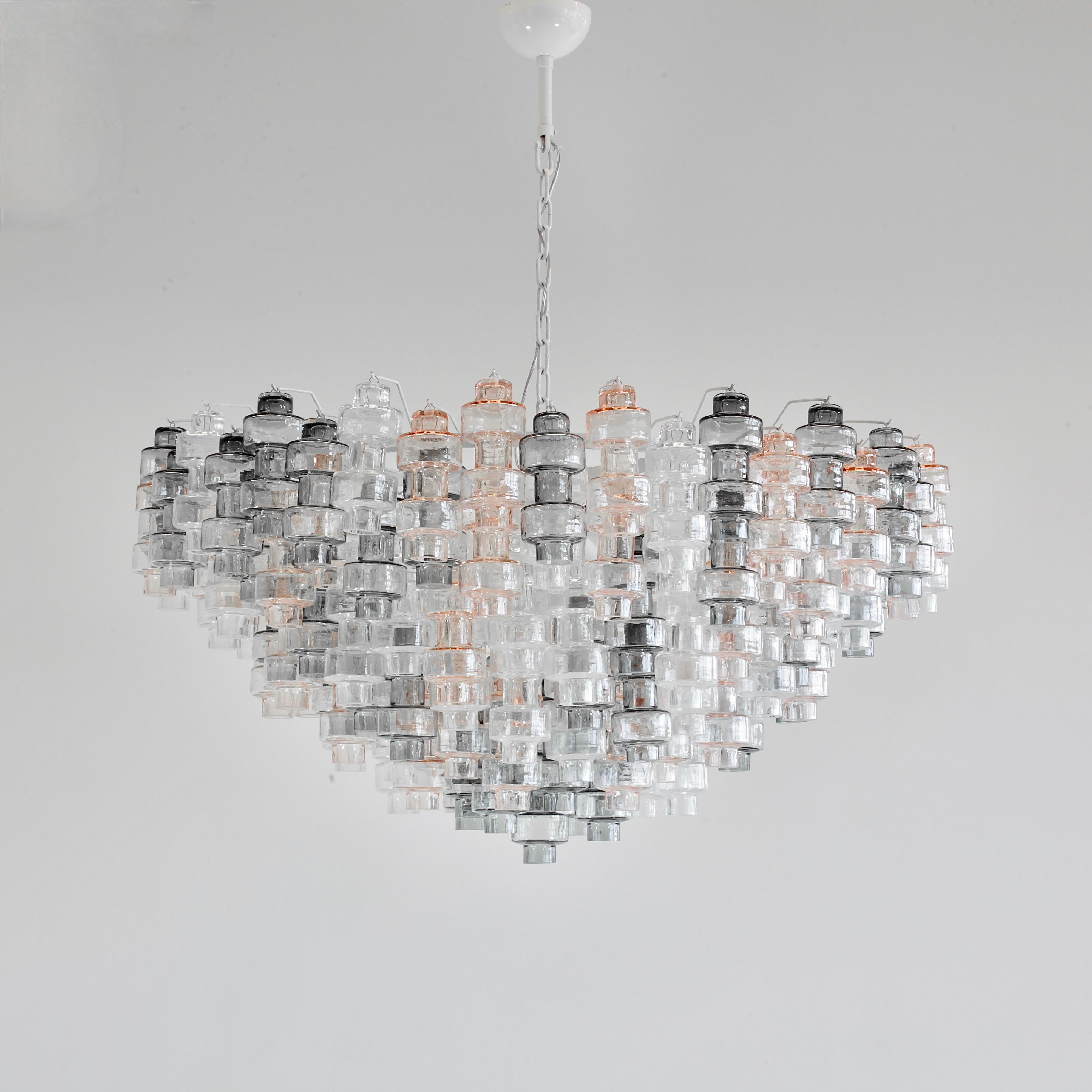 Contemporary Very large 'Manubri' MURANO Glass Chandelier (clear/ light pink/ smoke). For Sale