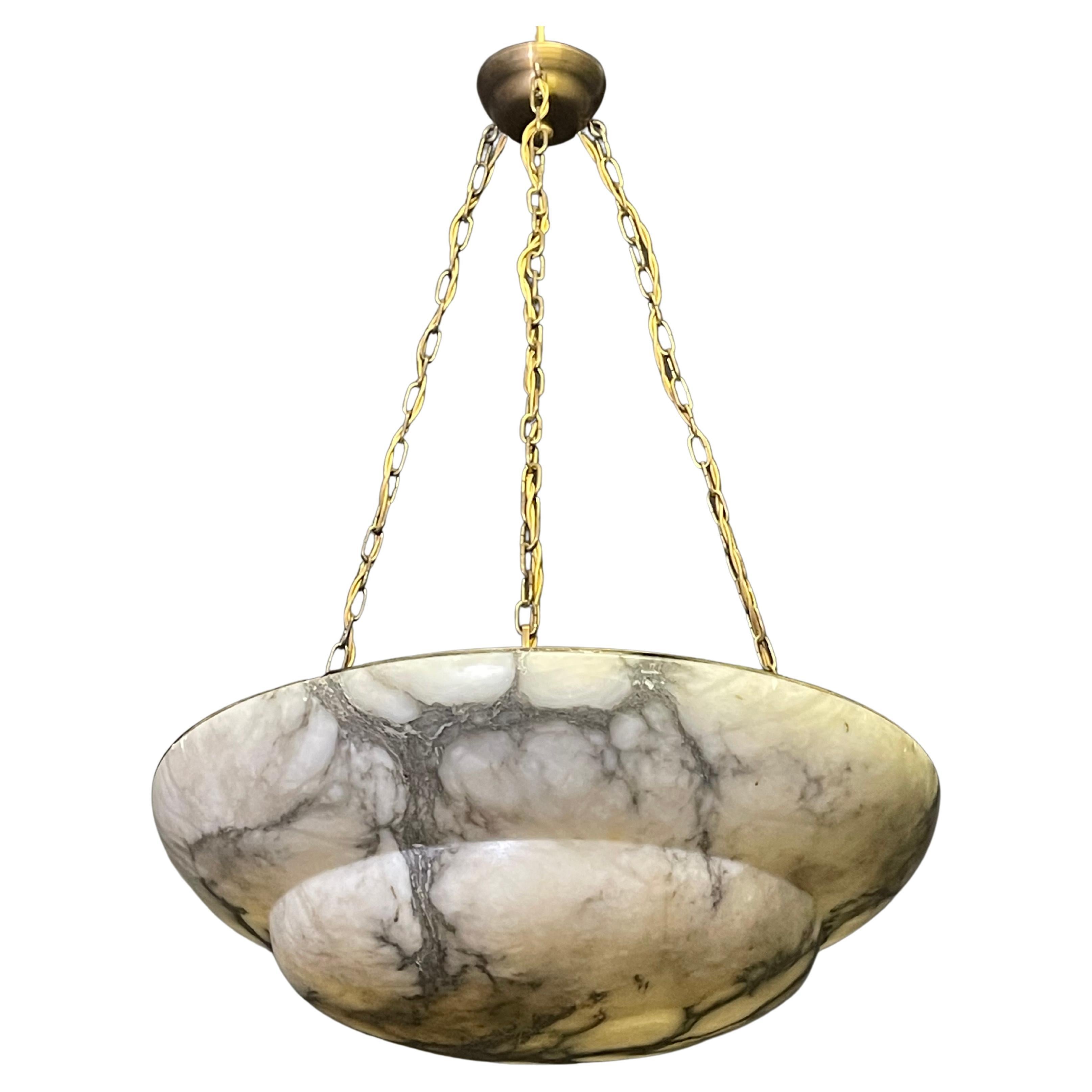 French Very Large Marbled Alabaster Bowl Pendant Chandelier, France, circa 1925  For Sale