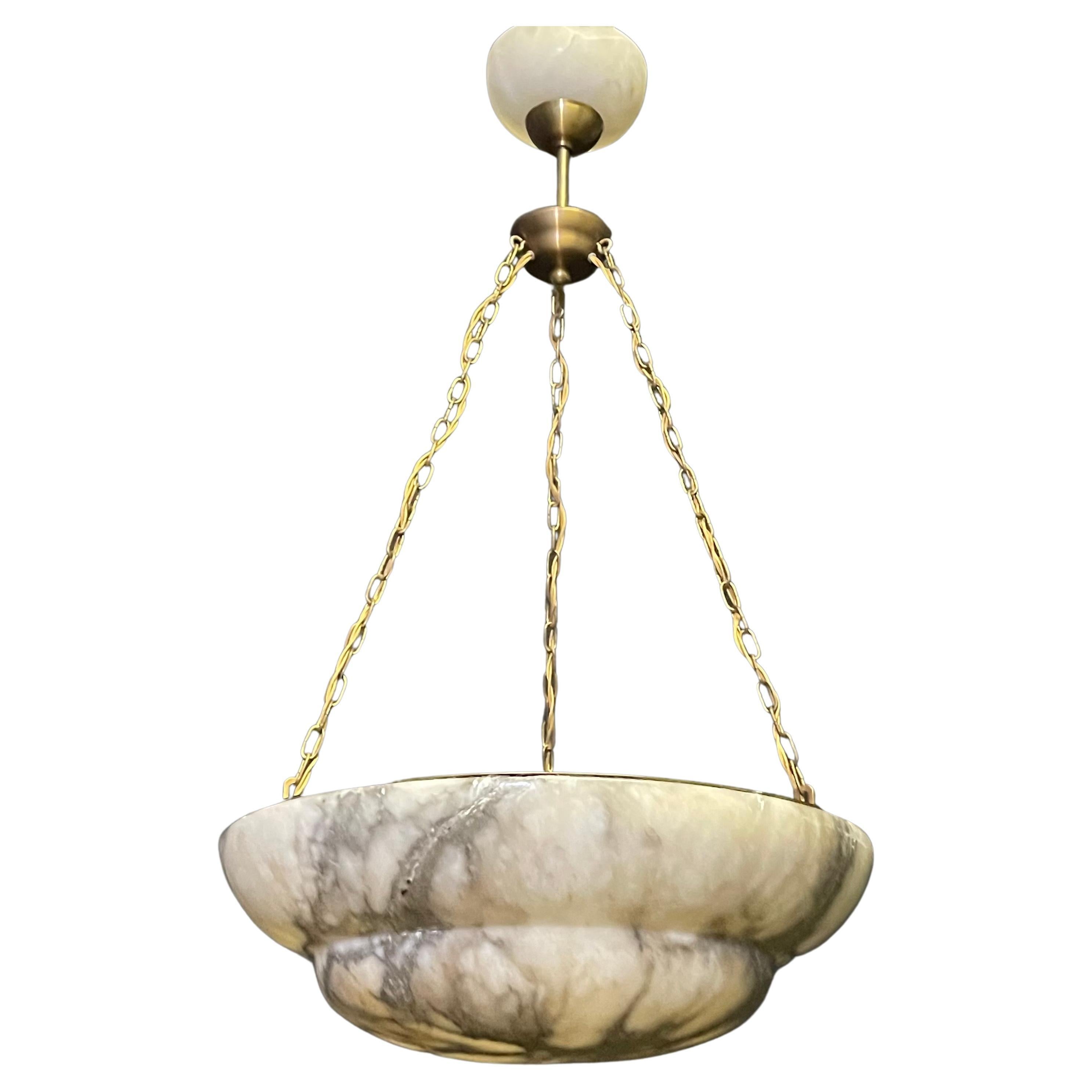 Patinated Very Large Marbled Alabaster Bowl Pendant Chandelier, France, circa 1925  For Sale