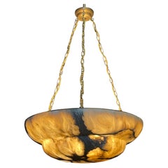 Very Large Marbled Alabaster Bowl Pendant Chandelier, France, circa 1925