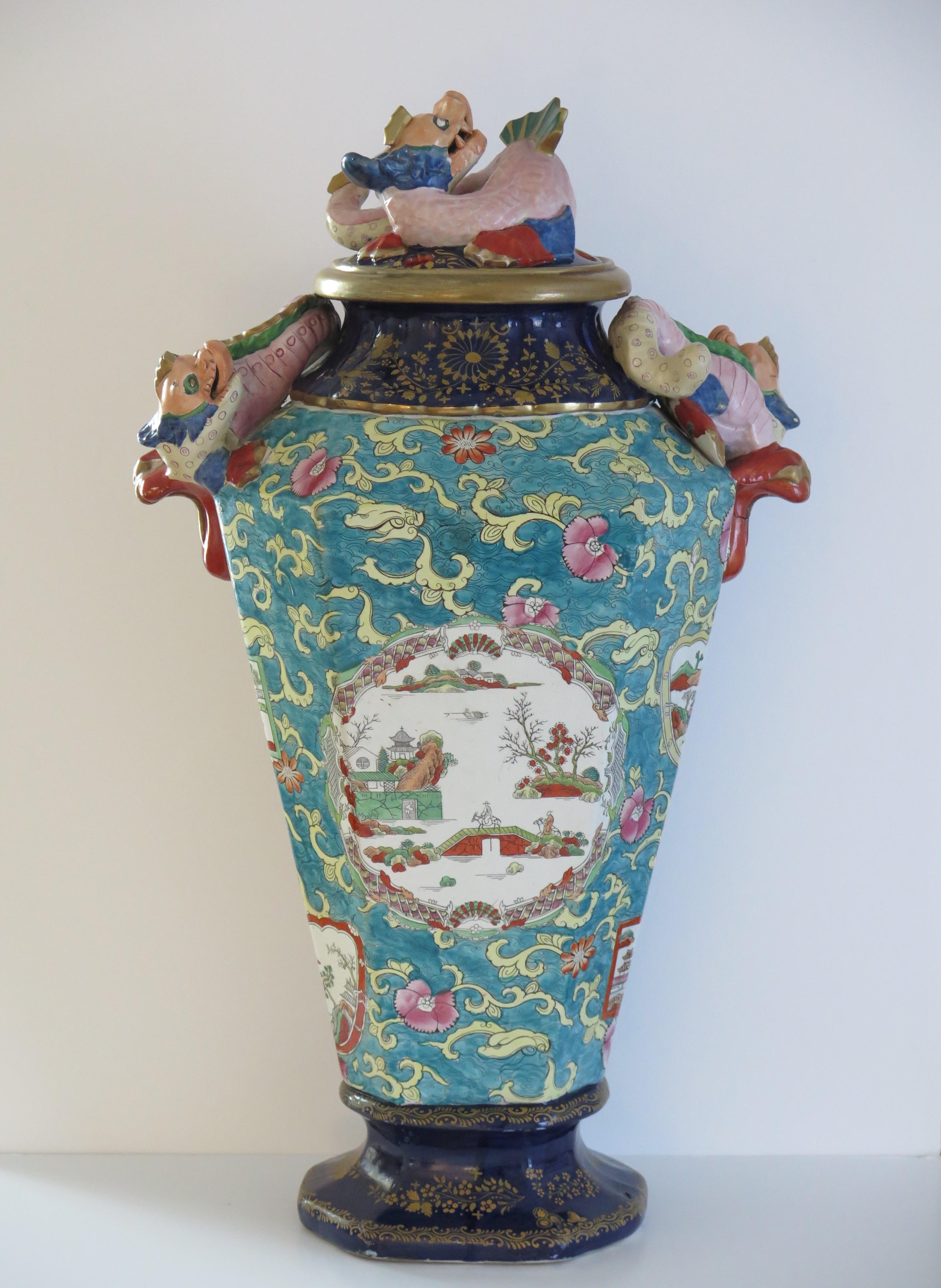 This is a very rare, highly individual and very decorative, Large Lidded Vase in the Chinoiserie style, made by Mason's Ironstone in the George 1Vth period, circa 1825.

The vase is well potted with a tapering hexagonal form on a raised pedastal