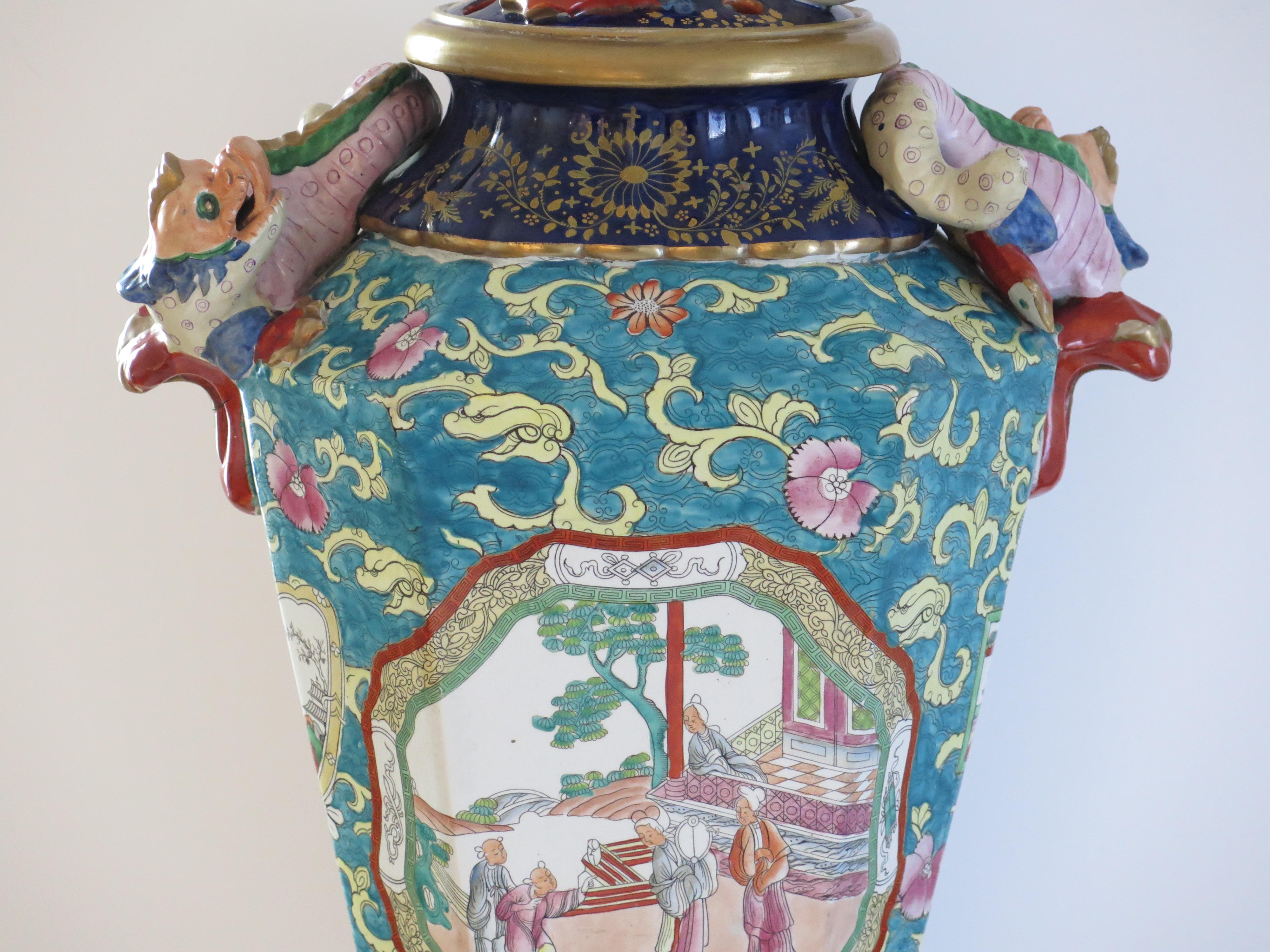 English Very Large Masons Ironstone Lidded Alcove Vase with applied dragons, Circa 1825 For Sale