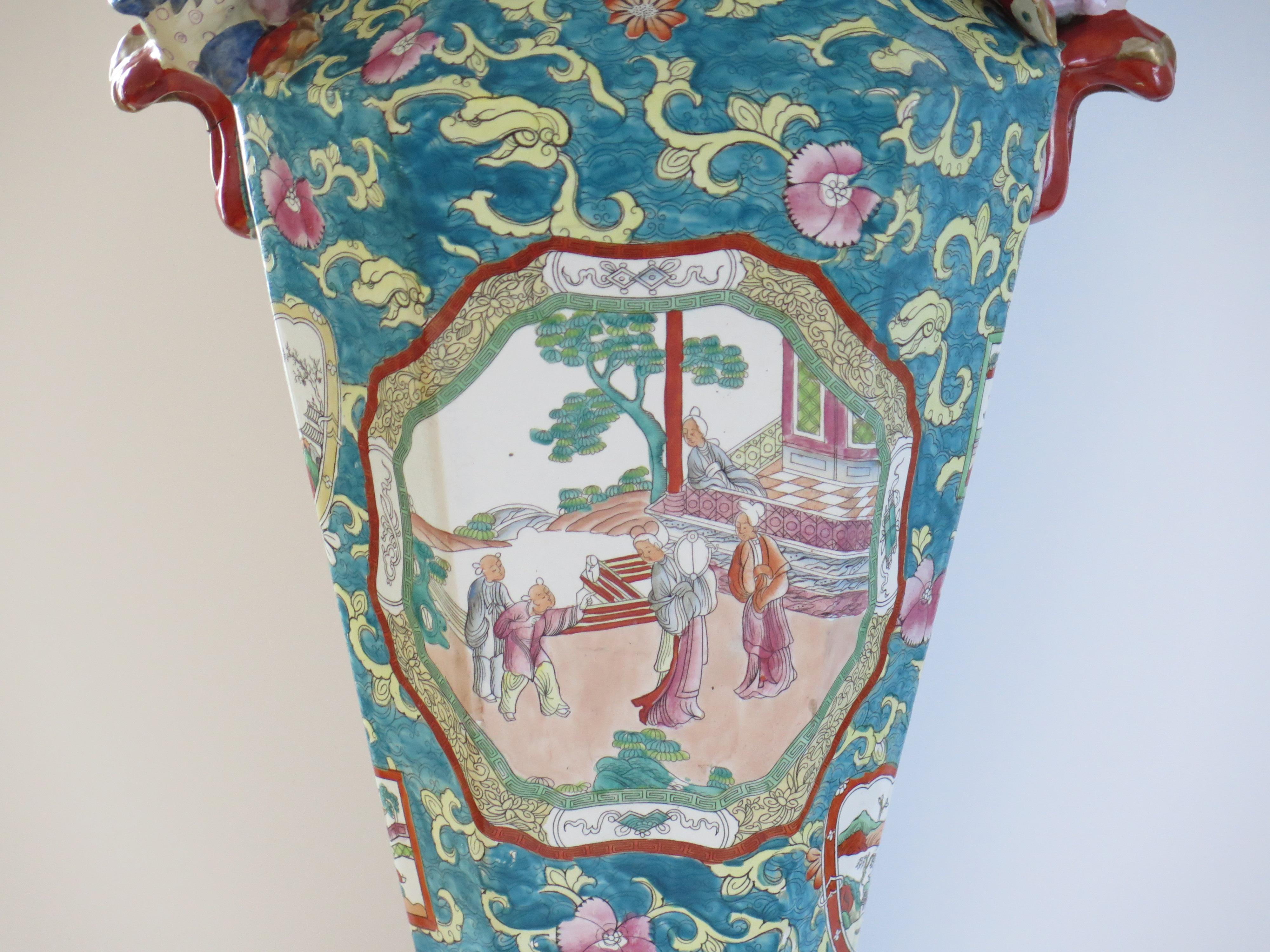 Hand-Painted Very Large Masons Ironstone Lidded Alcove Vase with applied dragons, Circa 1825 For Sale