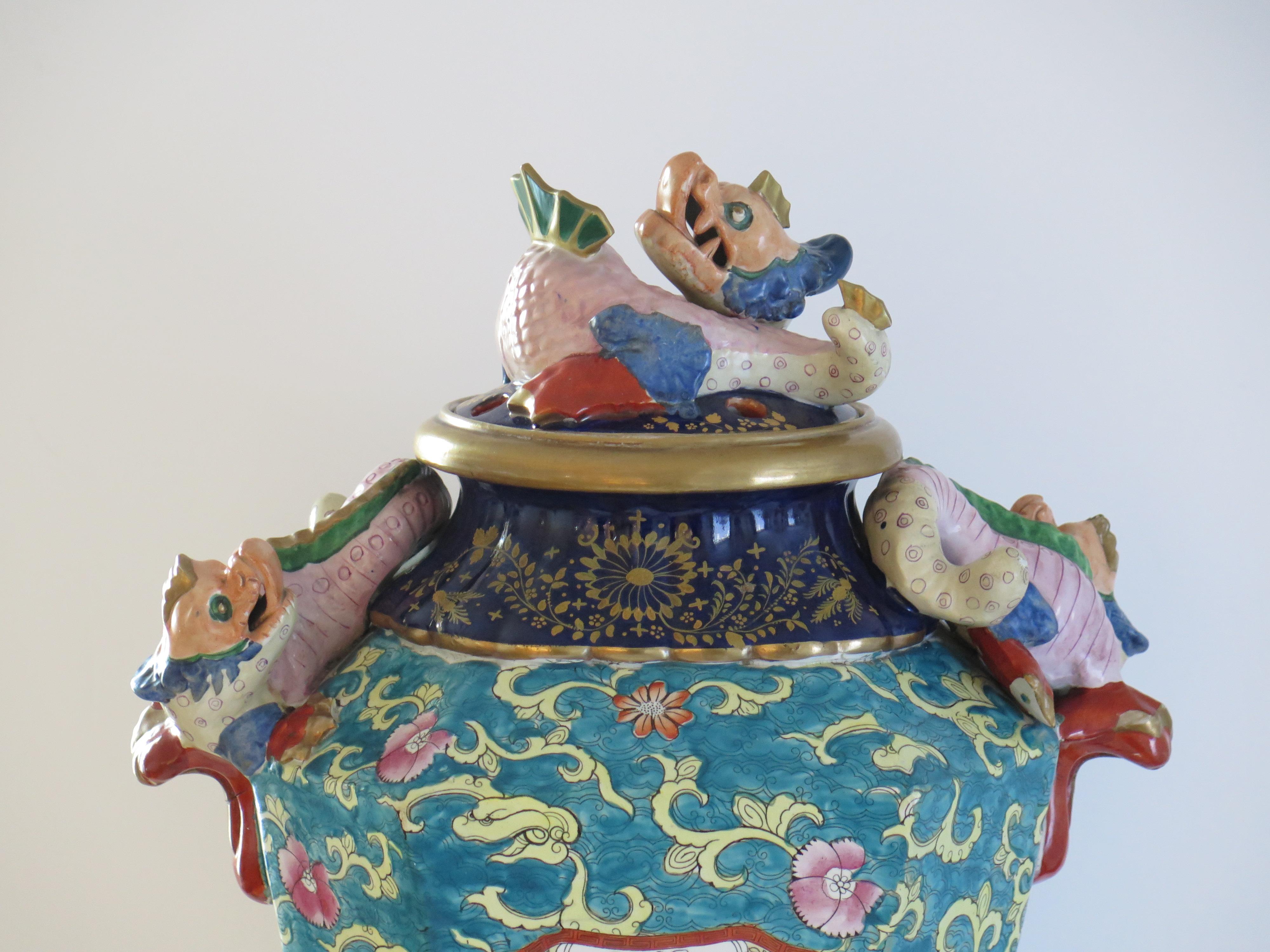 19th Century Rare Masons Ironstone Lidded Alcove large Vase with applied dragons, Circa 1825 For Sale