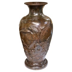 Very Large Meiji Japanese Bronze Vase with Eagle in Relief