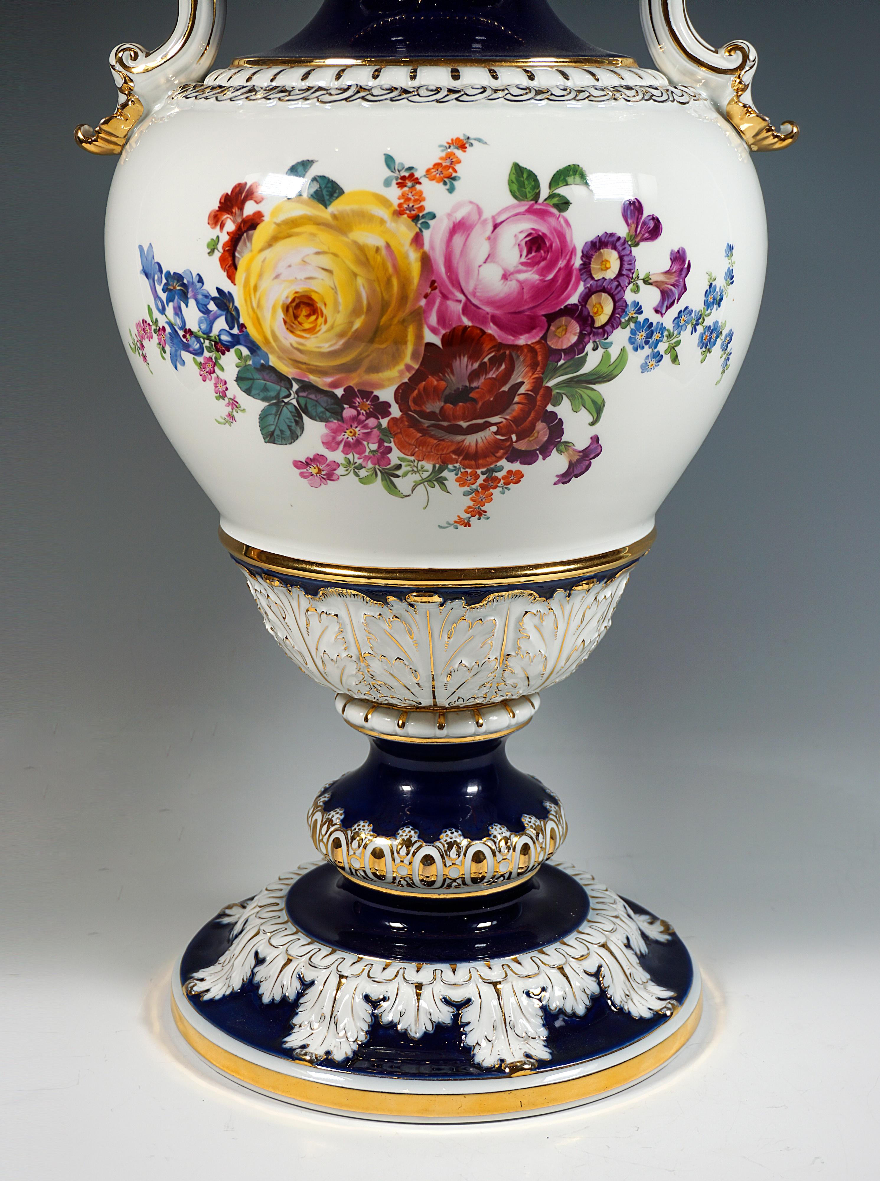 Hand-Crafted Very Large Meissen Handle Vase With Bouquet Paintings & Gold, by Leuteritz, 20th For Sale