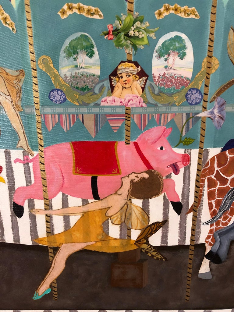 Folk Art Very Large Meticulous and Magical Carousel Painting and Collage For Sale