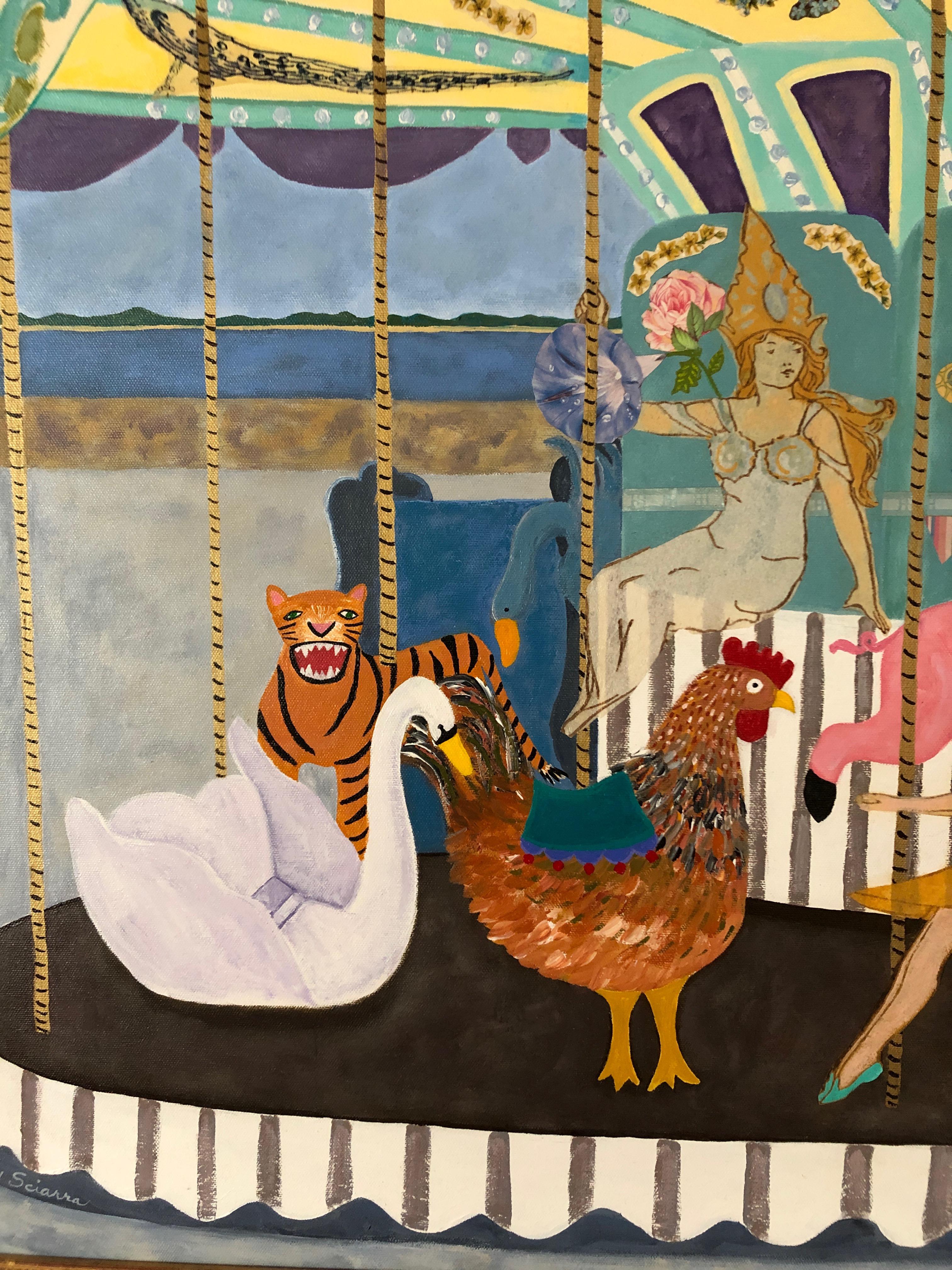 Folk Art Very Large Meticulous and Magical Carousel Painting and Collage