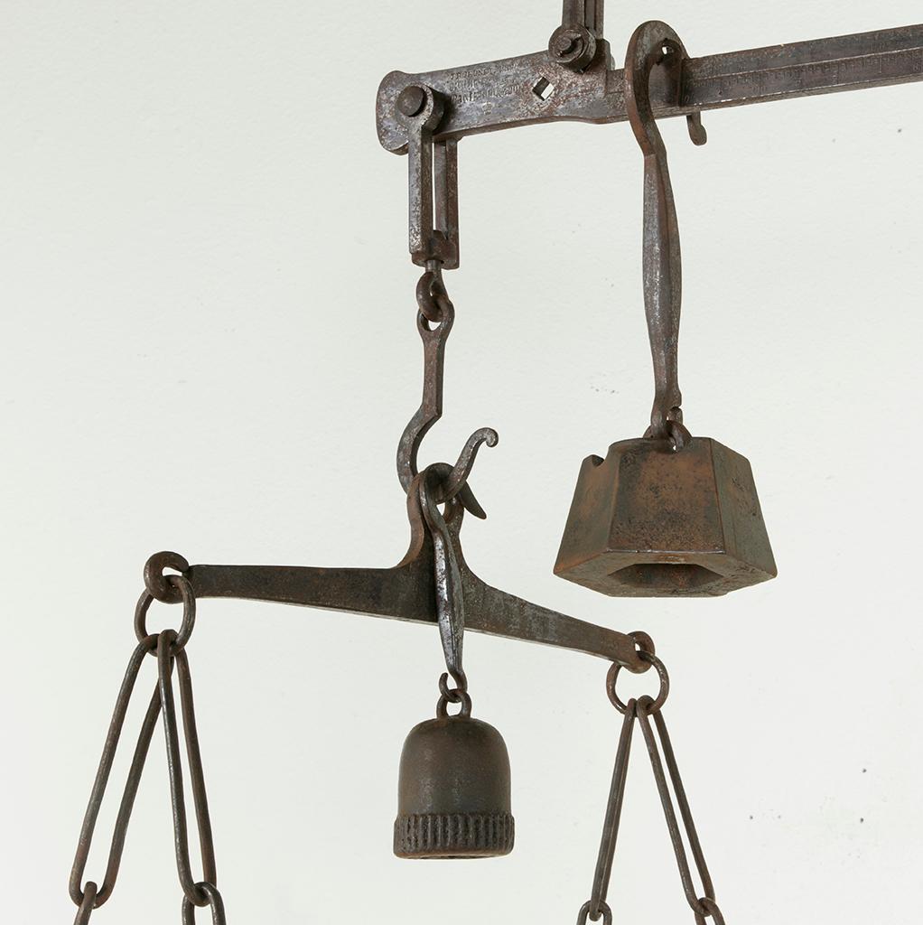 Very Large Mid-19th Century French Iron Cheese Scale or Pot Rack with Weights 7