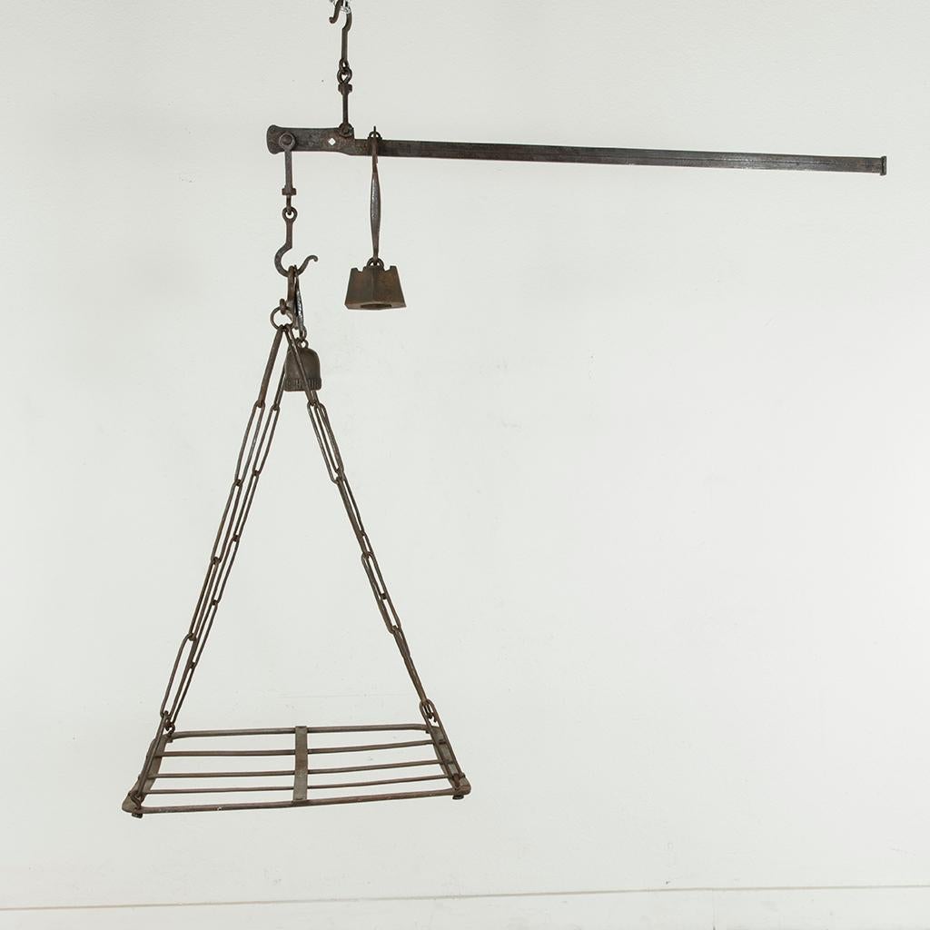 Very Large Mid-19th Century French Iron Cheese Scale or Pot Rack with Weights 1
