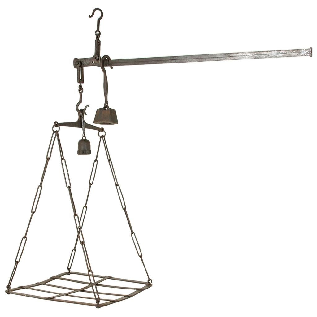 Very Large Mid-19th Century French Iron Cheese Scale or Pot Rack with Weights