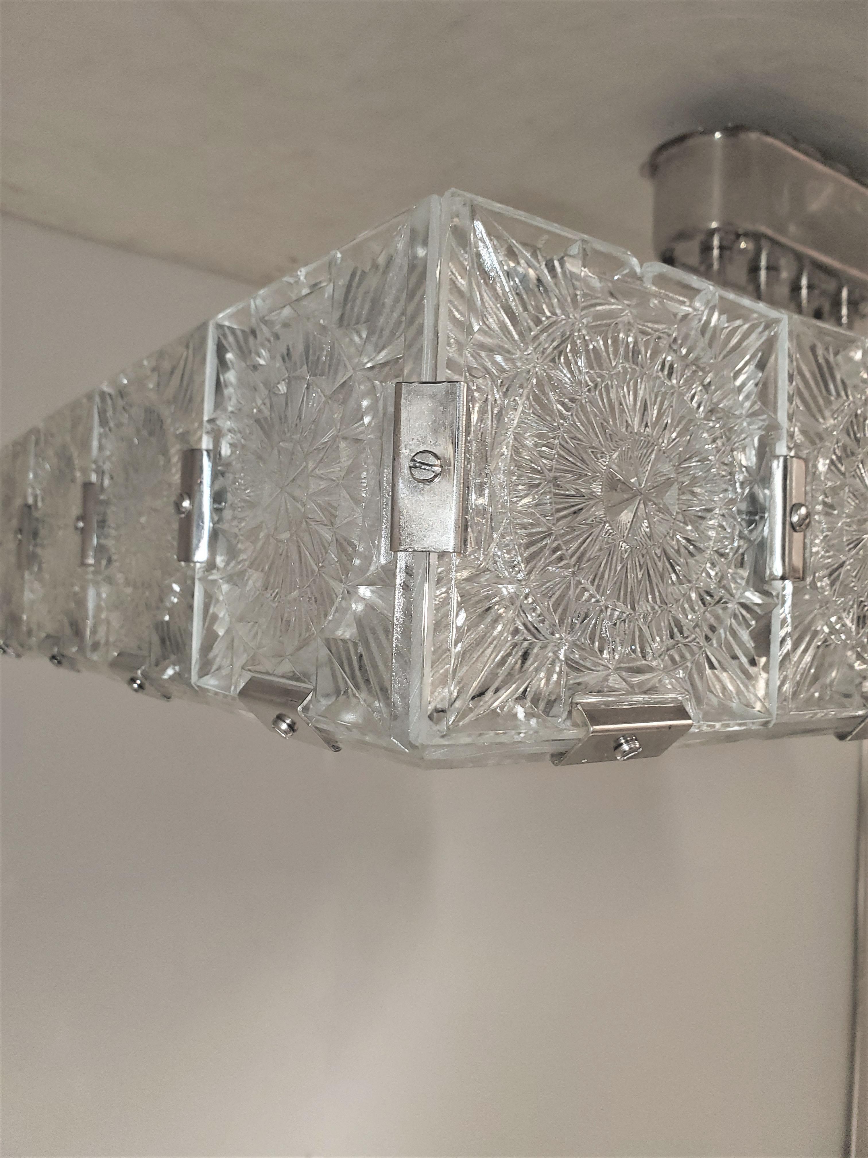 Very Large Mid-Century Modern Rectangular Chandelier in Glass and Nickel 2