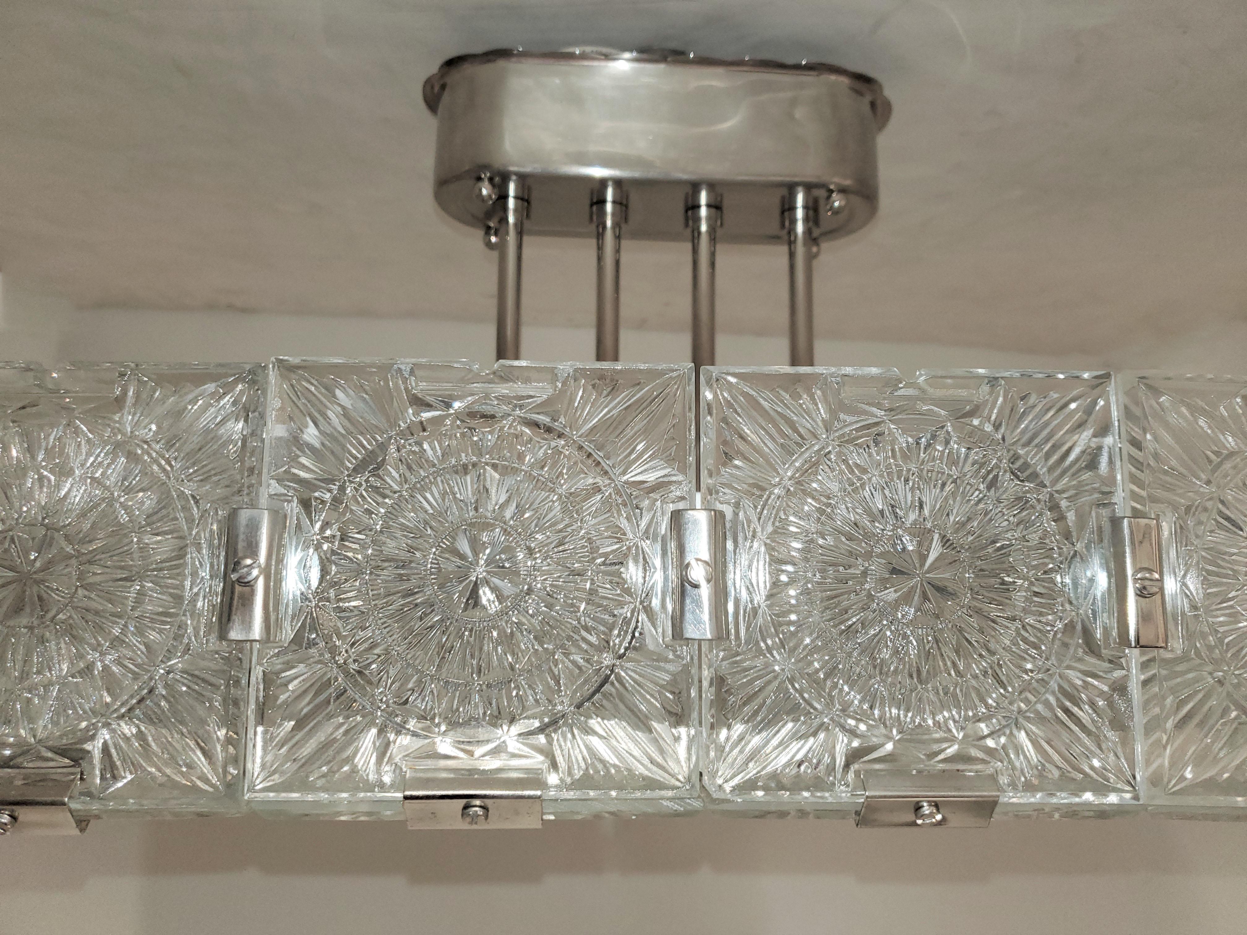 Very Large Mid-Century Modern Rectangular Chandelier in Glass and Nickel 4
