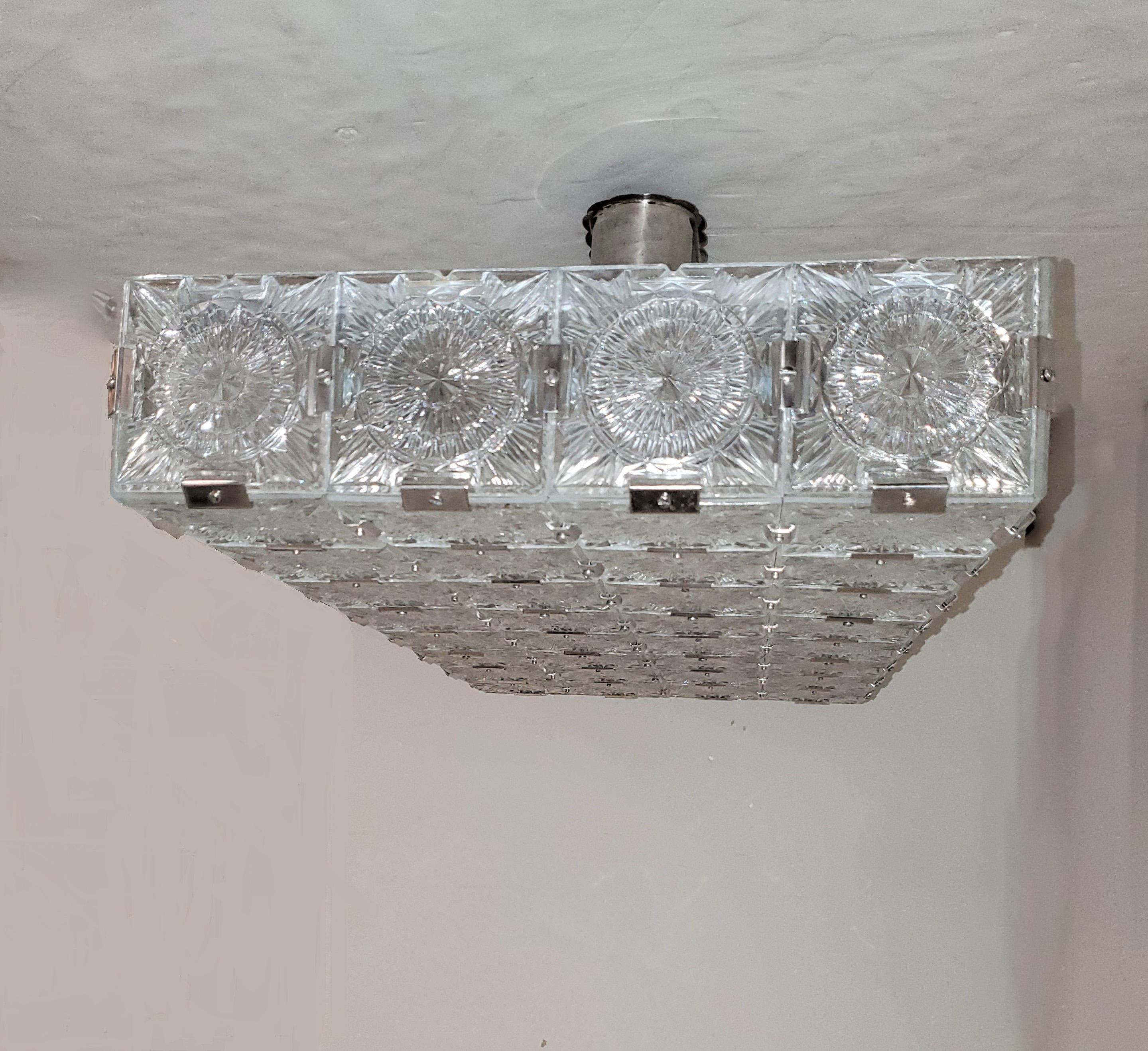 Very Large Mid-Century Modern Rectangular Chandelier in Glass and Nickel 7