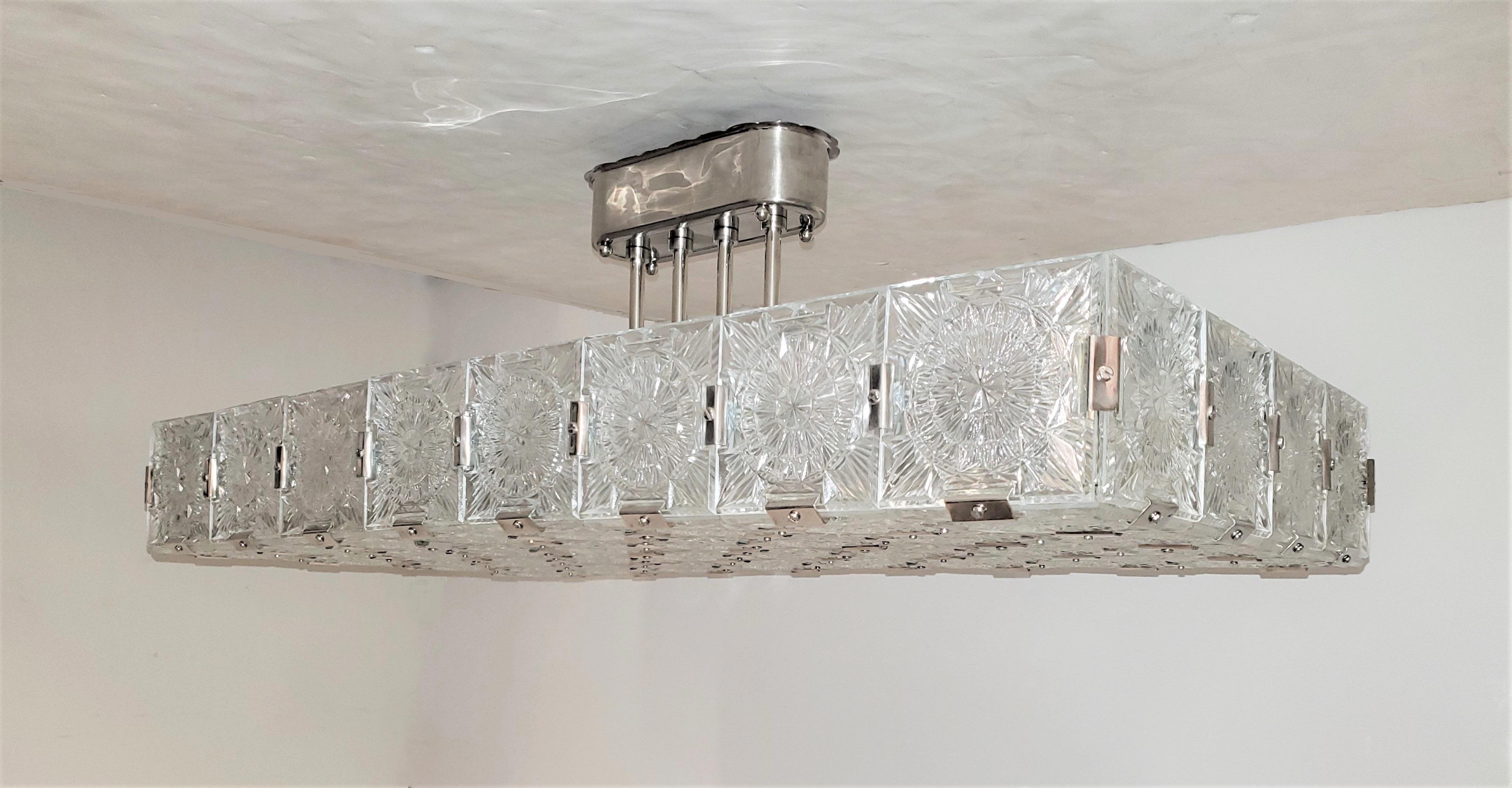 20th Century Very Large Mid-Century Modern Rectangular Chandelier in Glass and Nickel