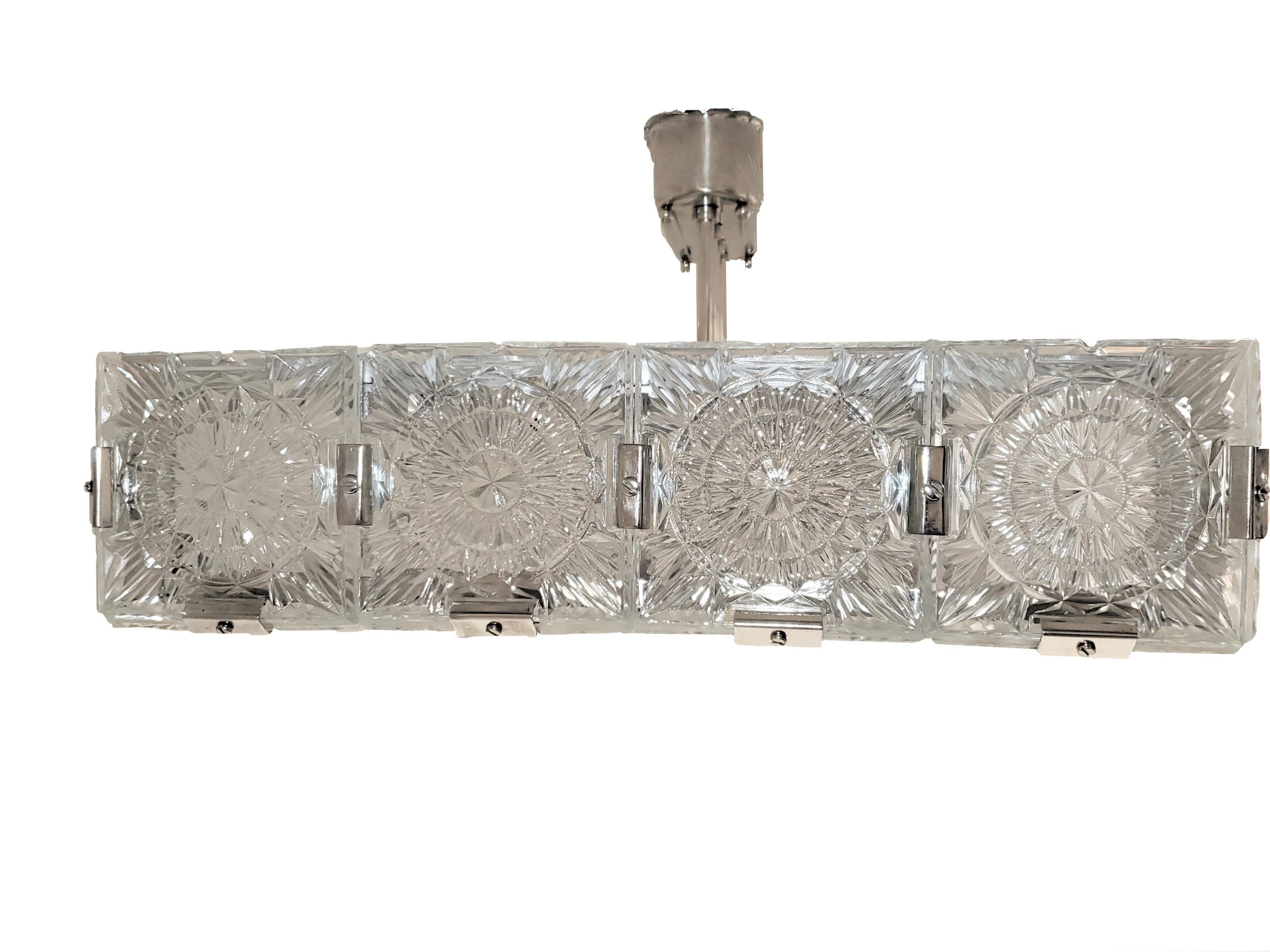 Very Large Mid-Century Modern Rectangular Chandelier in Glass and Nickel 1