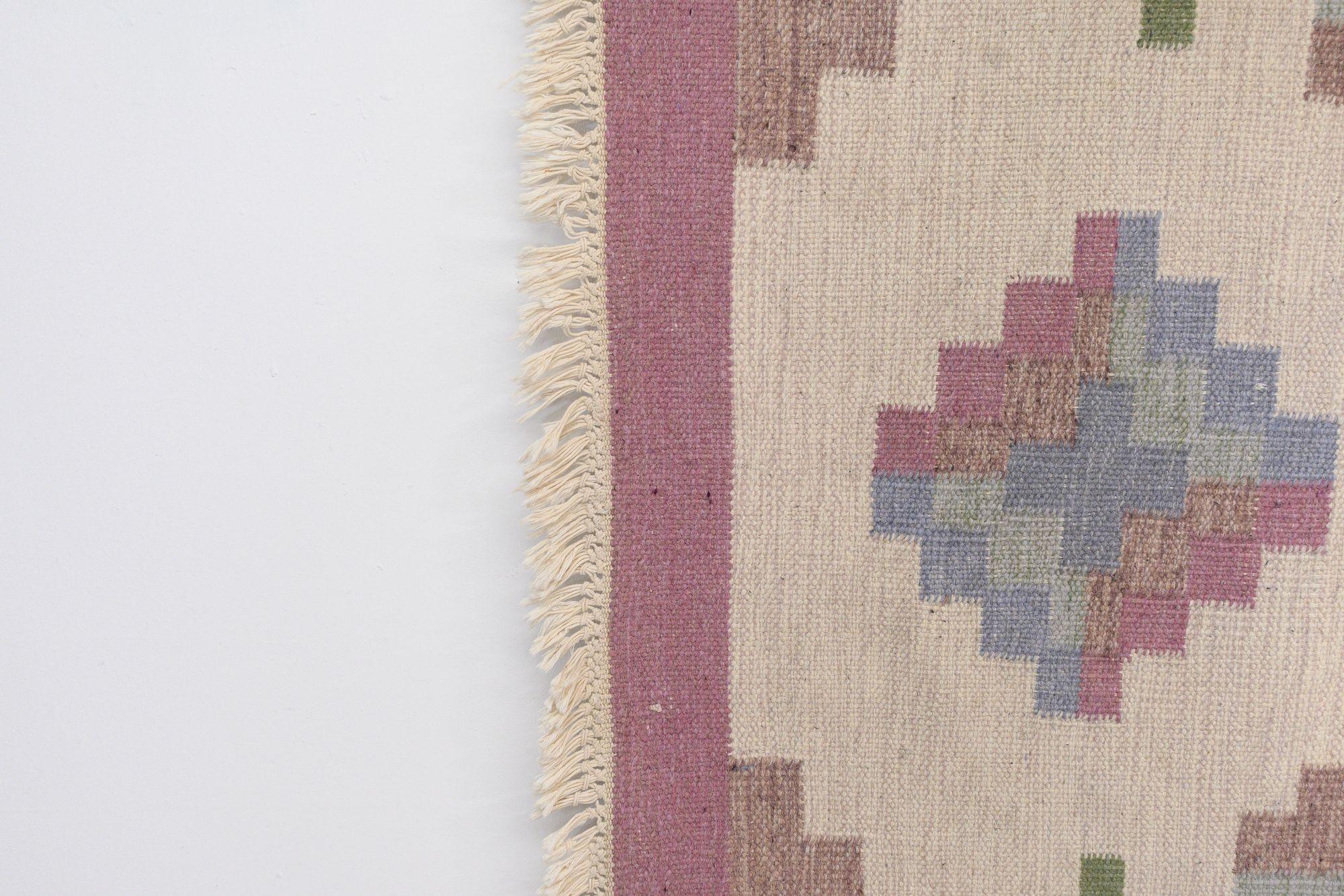 Wool Very Large Mid-Century Swedish Kilim in Tones of Pink and Cream For Sale