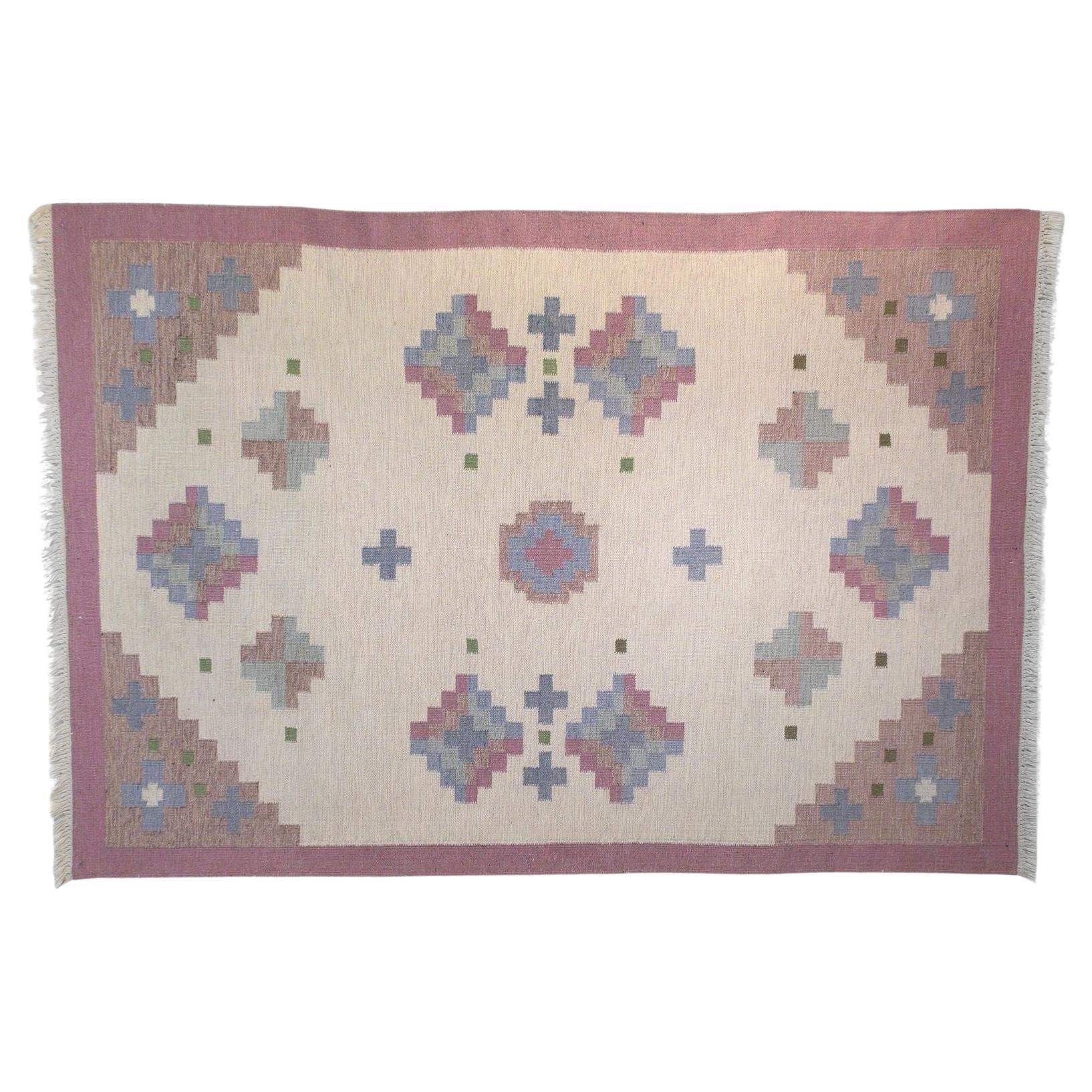 Very Large Mid-Century Swedish Kilim in Tones of Pink and Cream