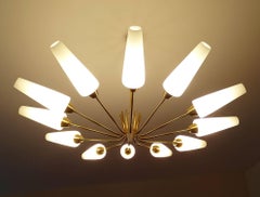 Very Large Midcentury Twelve-Light Glass Brass Sputnik Chandelier Stilnovo Style