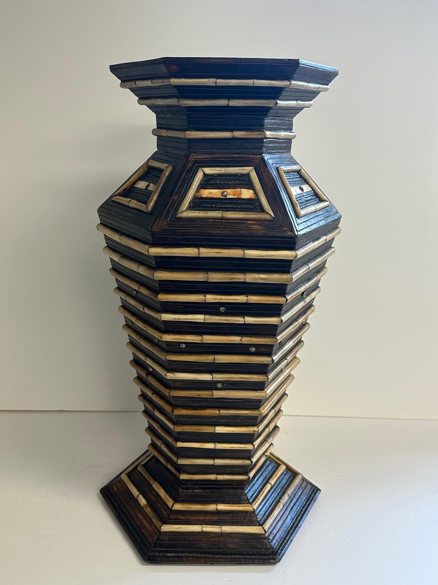 Very Large Mixed Wood Brass & Bone Handmade Vase For Sale 5