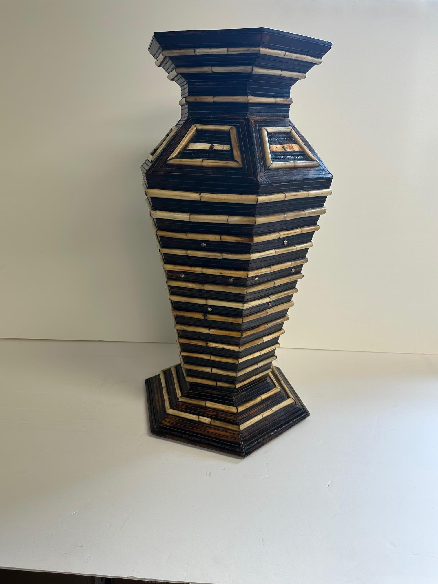 Very Large Mixed Wood Brass & Bone Handmade Vase In Good Condition For Sale In Hopewell, NJ