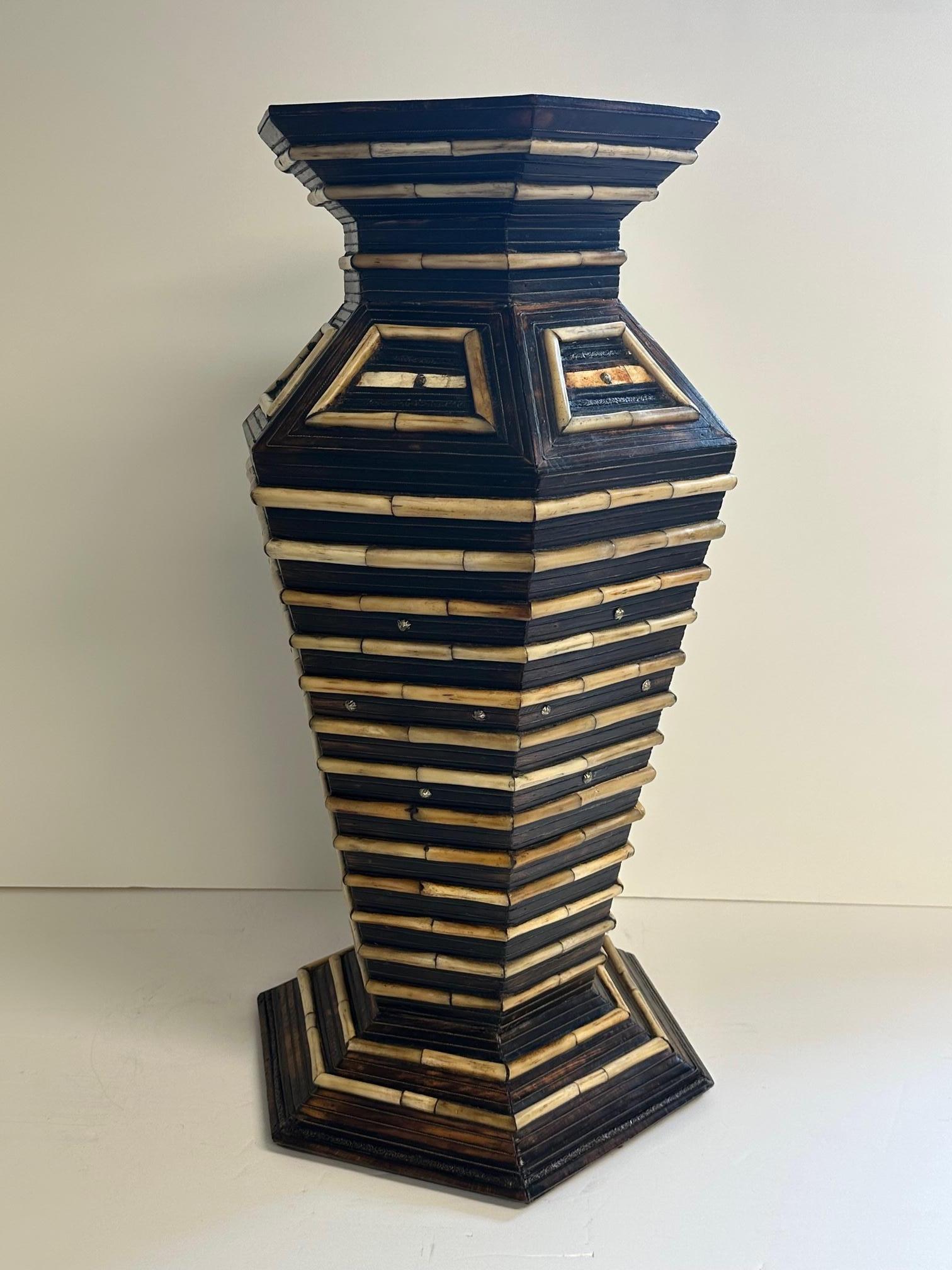 Very Large Mixed Wood Brass & Bone Handmade Vase For Sale 1