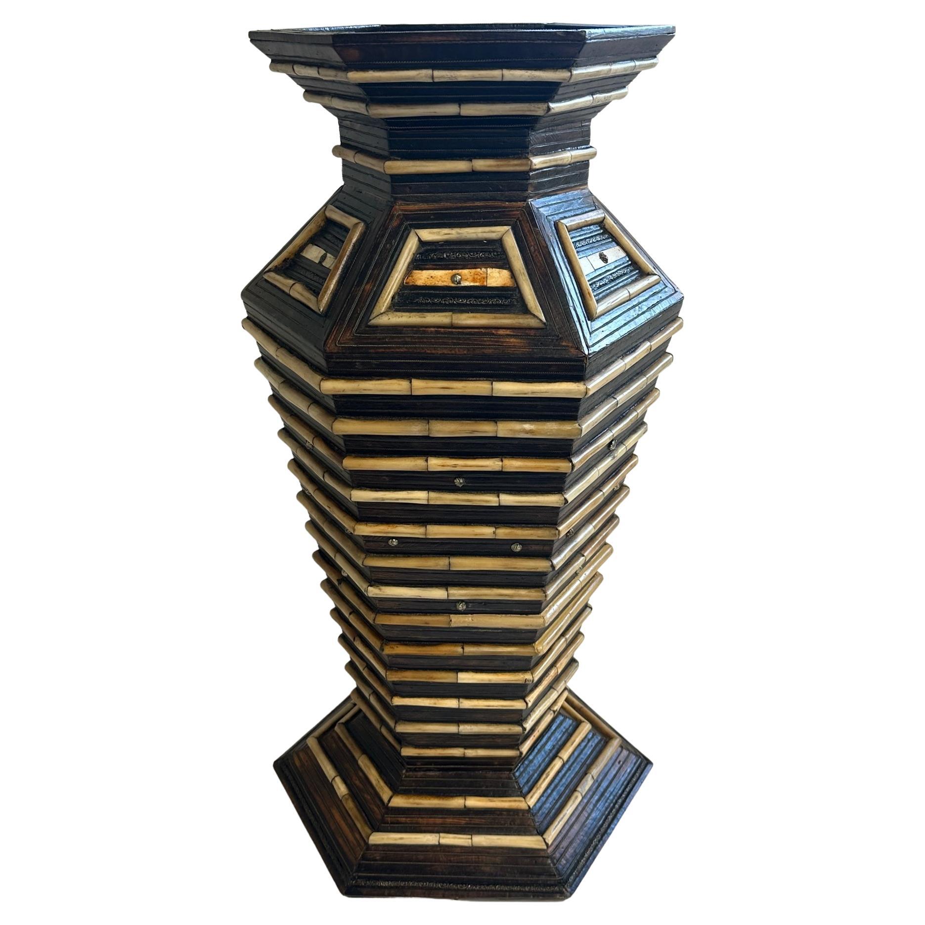Very Large Mixed Wood Brass & Bone Handmade Vase For Sale