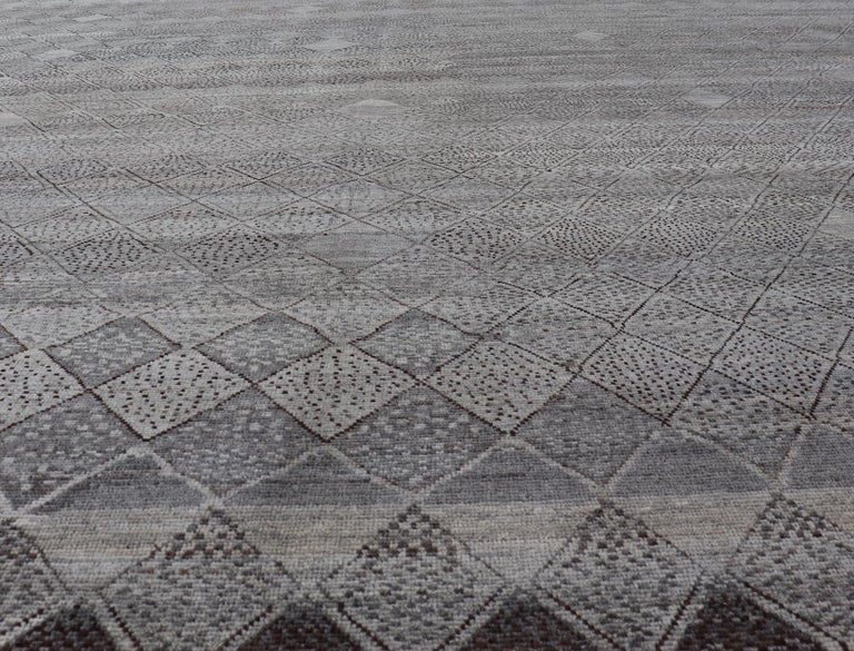 Very Large Modern Rug with Diamond Design in Gray, Taupe and Earth