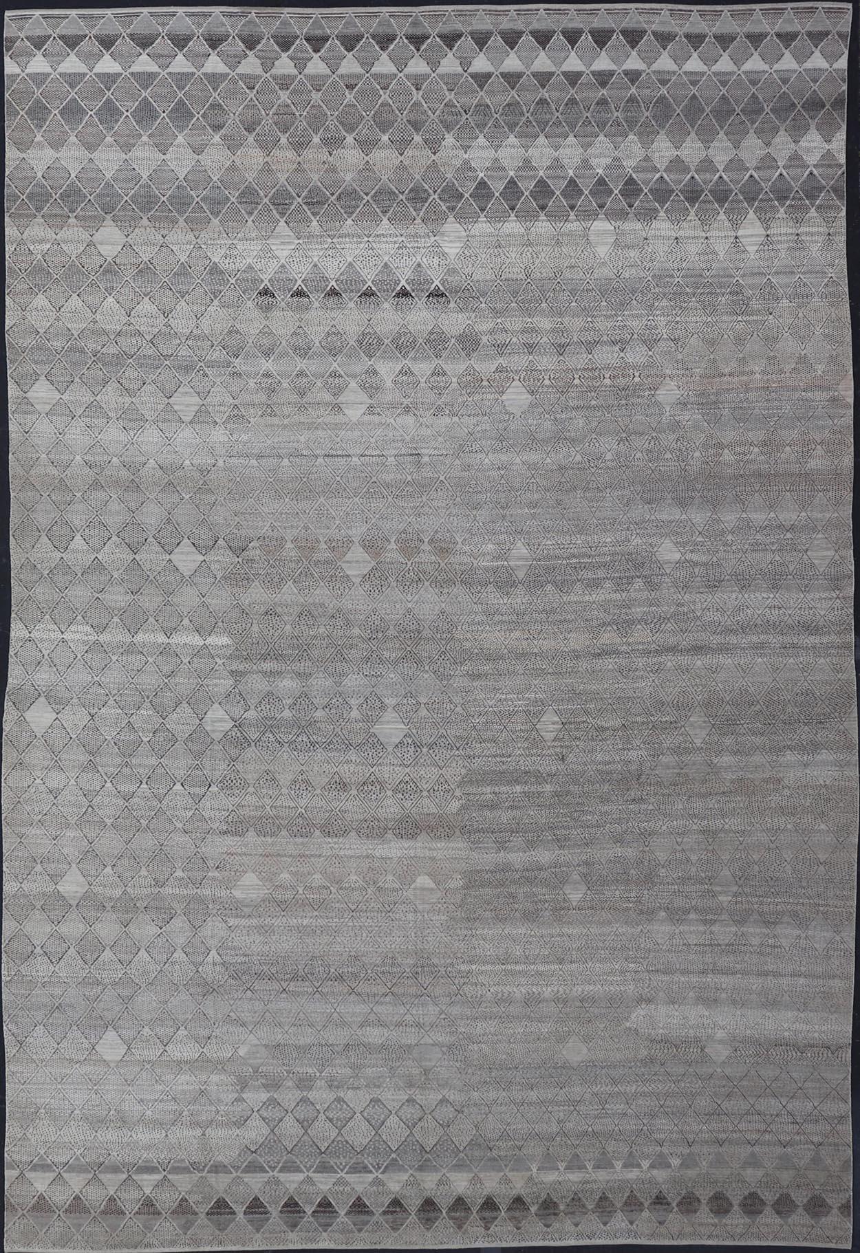 Very Large Modern Rug with Diamond Design in Gray, Taupe & Earth Tones For Sale