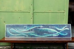 Quadro a mosaico molto grande in vetro resina, a forma di onde blu, anni '70.