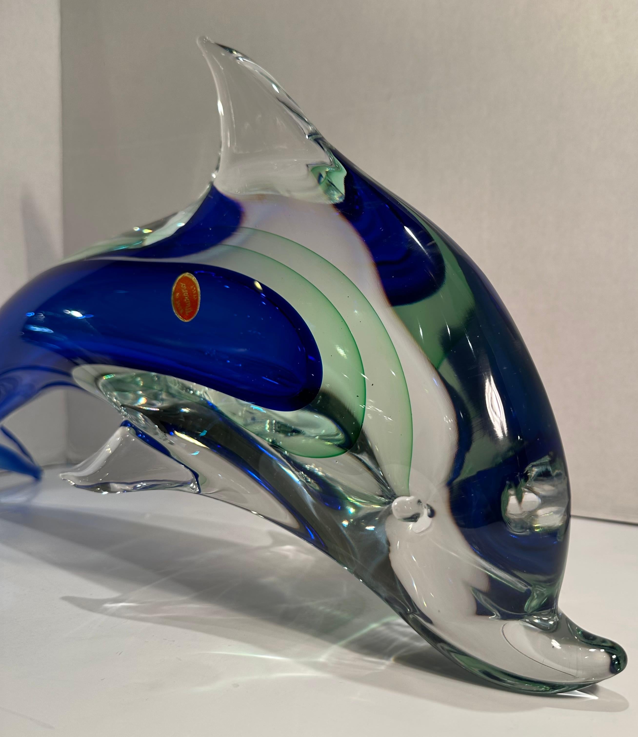 Very Large Murano Art Glass Cobalt Blue and Green Sommerso Dolphin Sculpture For Sale 2