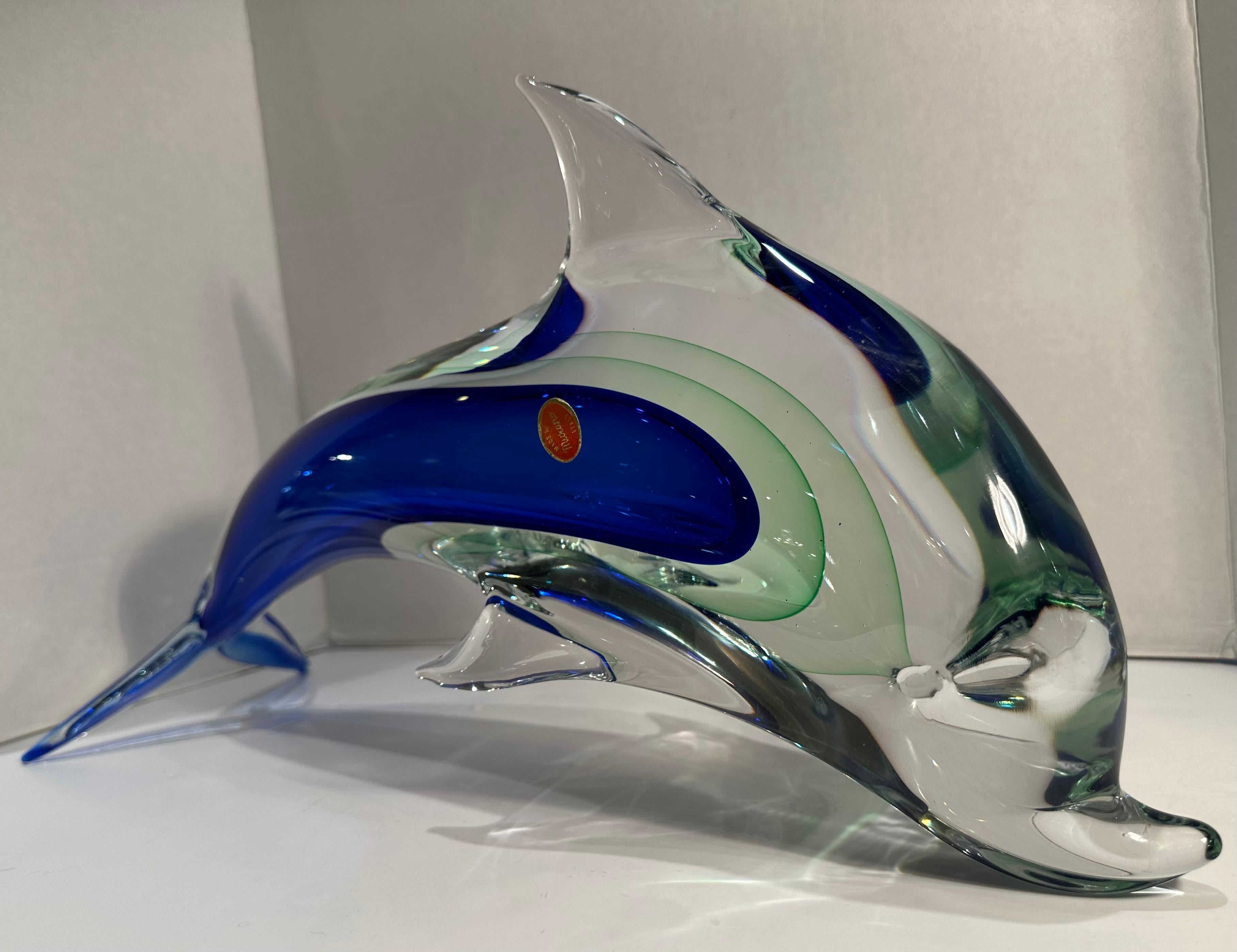 Very Large Murano Art Glass Cobalt Blue and Green Sommerso Dolphin Sculpture For Sale 3