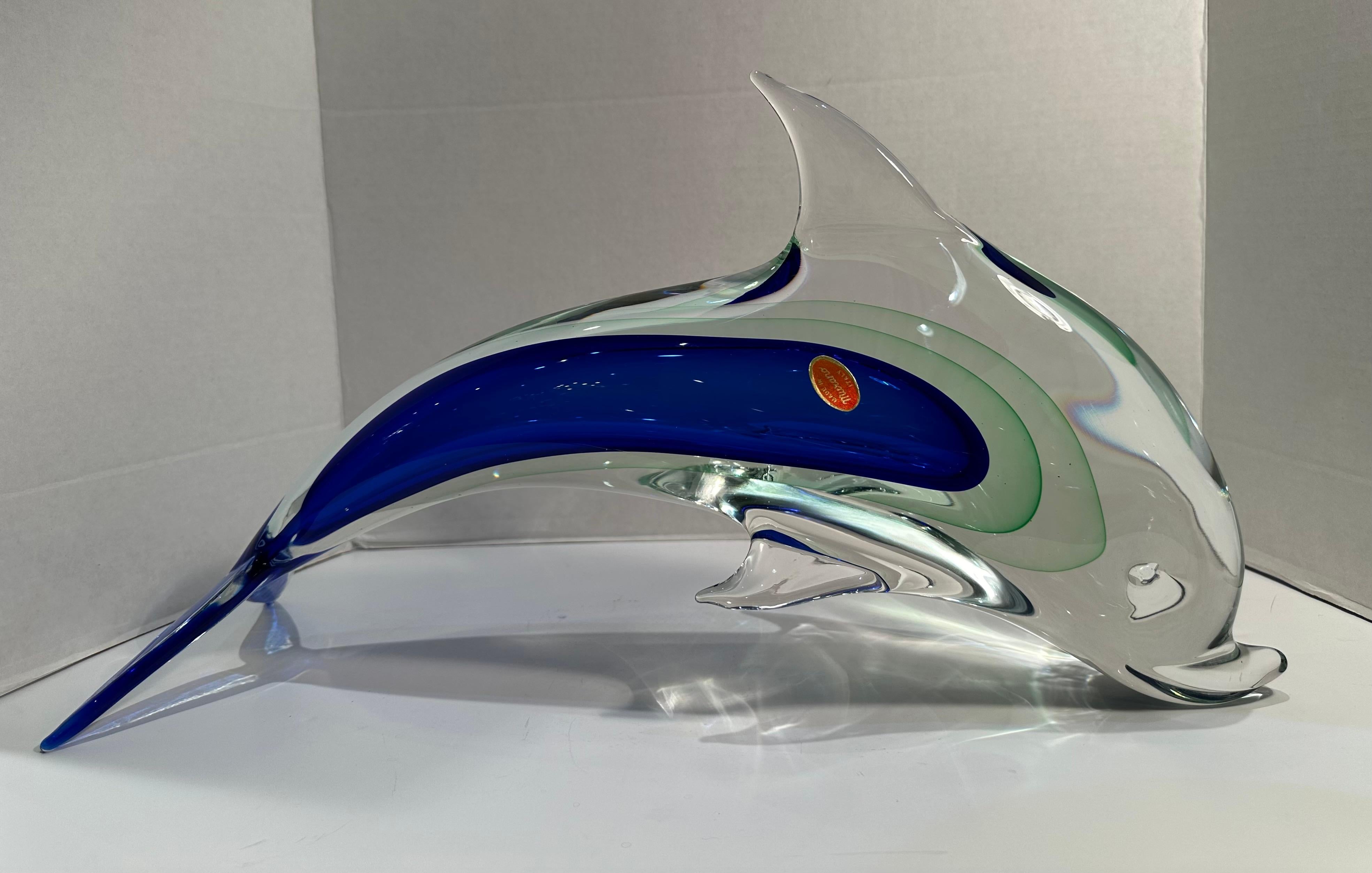 Very Large Murano Art Glass Cobalt Blue and Green Sommerso Dolphin Sculpture For Sale 8