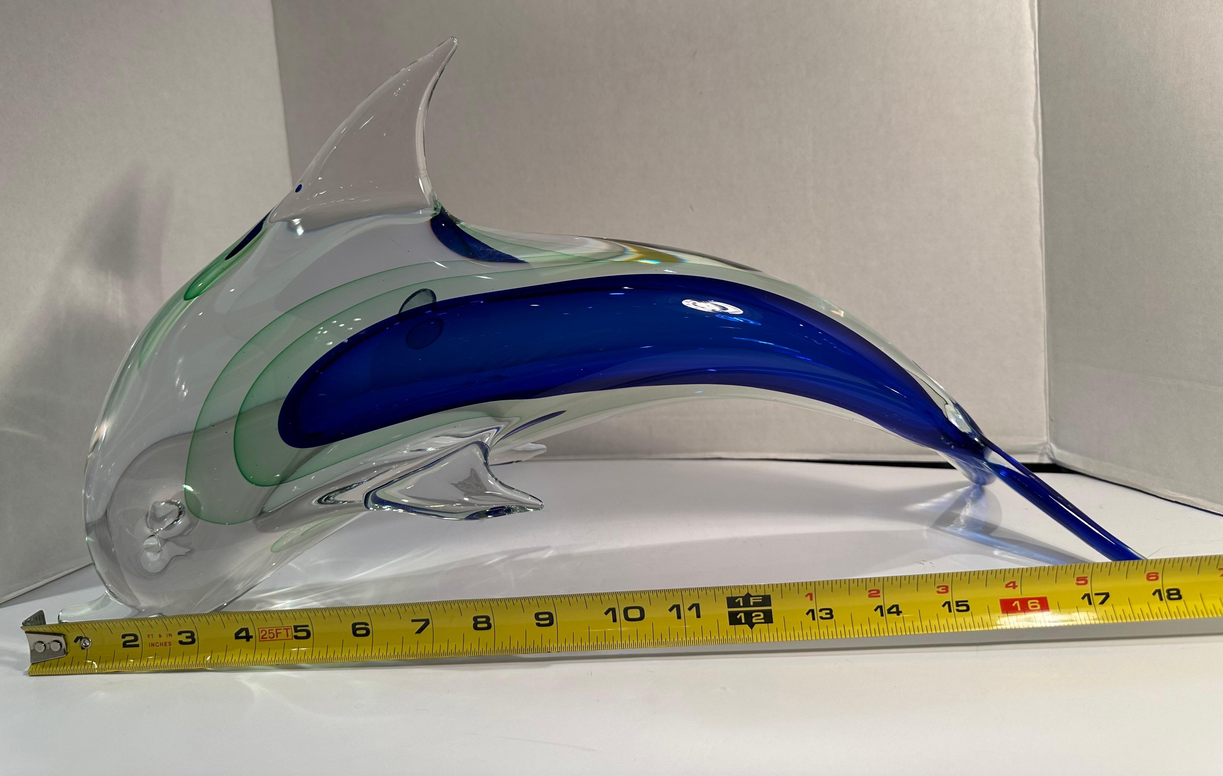 Italian Very Large Murano Art Glass Cobalt Blue and Green Sommerso Dolphin Sculpture For Sale